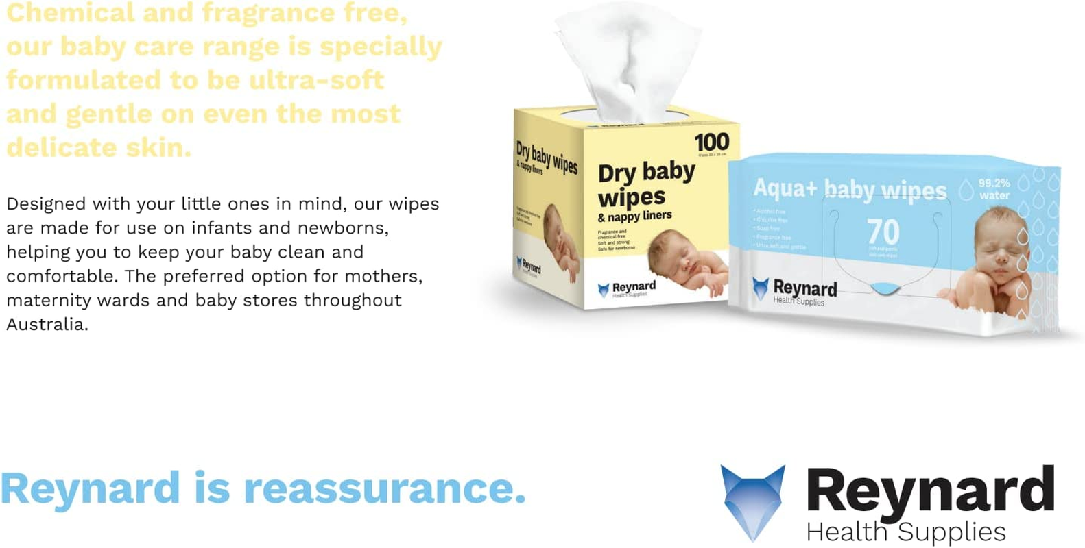 Reynard Health Supplies Ultra-Soft Dry Baby Wipes, Chemical & Fragrance Free, White, 33 X 29 Cm, 100 Count image number 1