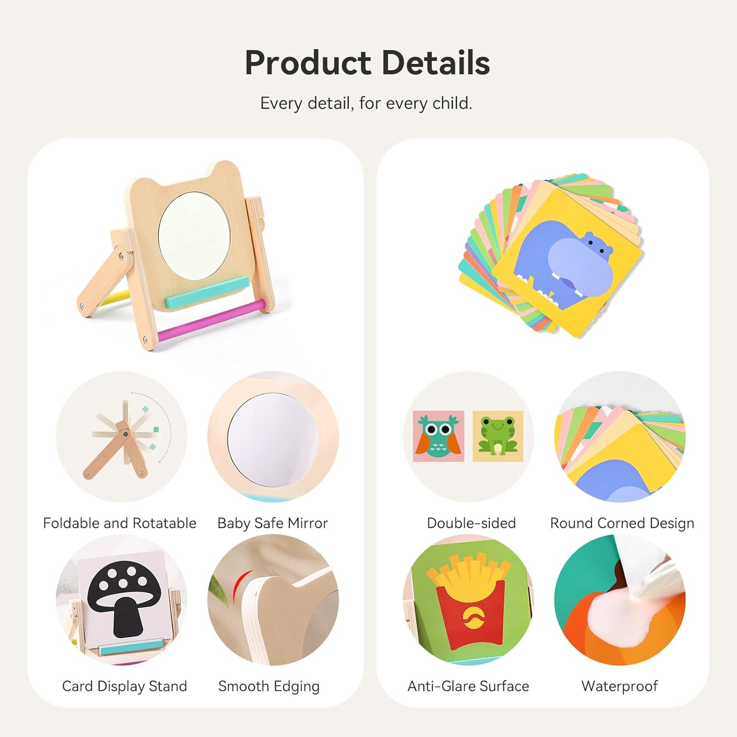 Rotating Baby Safe Mirror with 120 Pages Visual Stimulation Cards - Wooden Tummy Time Mirror Toys - Black White Red and Color High Contrast Baby Flashcards for Brain and Cognitive Development image number 5