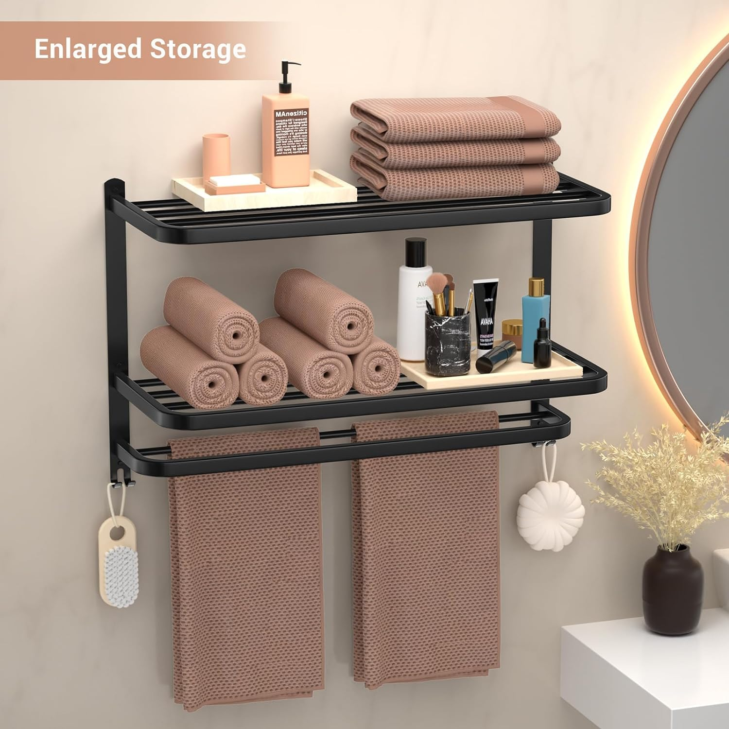 DDS-DUDES 3-Tier Black Towel Racks for Bathroom with Towel Bars Multilayer Hotel Towel Shelf Stainless Steel Wall-Mounted Matte Finished Holder with Towel Shelves 23 Inches image number 2