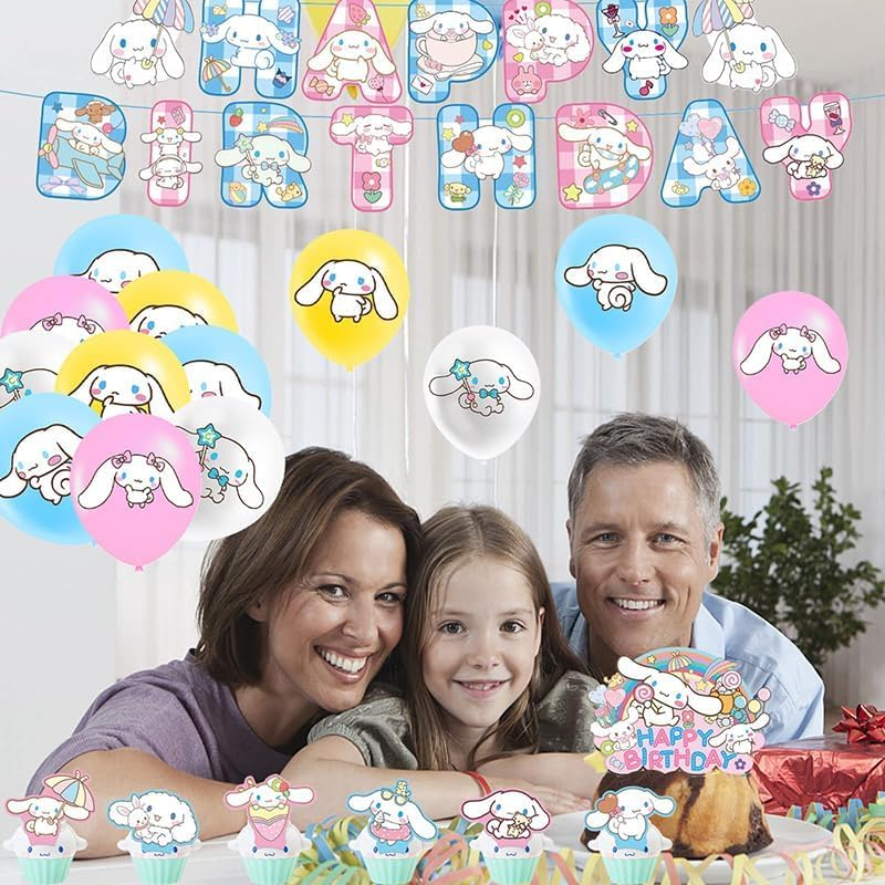 Dinoeye Cinnamoroll Birthday Decorations - 16Pcs Balloons, 13Pcs Cake Toppers, 1Pcs Banner - Sanrio Party Supplies - White, Cartoon, Buchstabenmuster image number 1