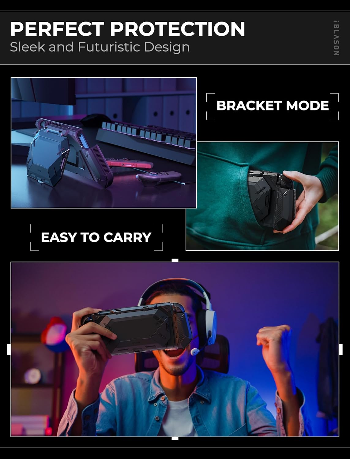 I-Blason for Nintendo Switch 2 Case with Flip Stand Dockable [Foldable Joycon Holder] [Game Card Storage] [Ergonomic Design] Comfortable Grip Uni-Body Protective Bumper Cover for Switch 2 2025, Black (Black) image number 2