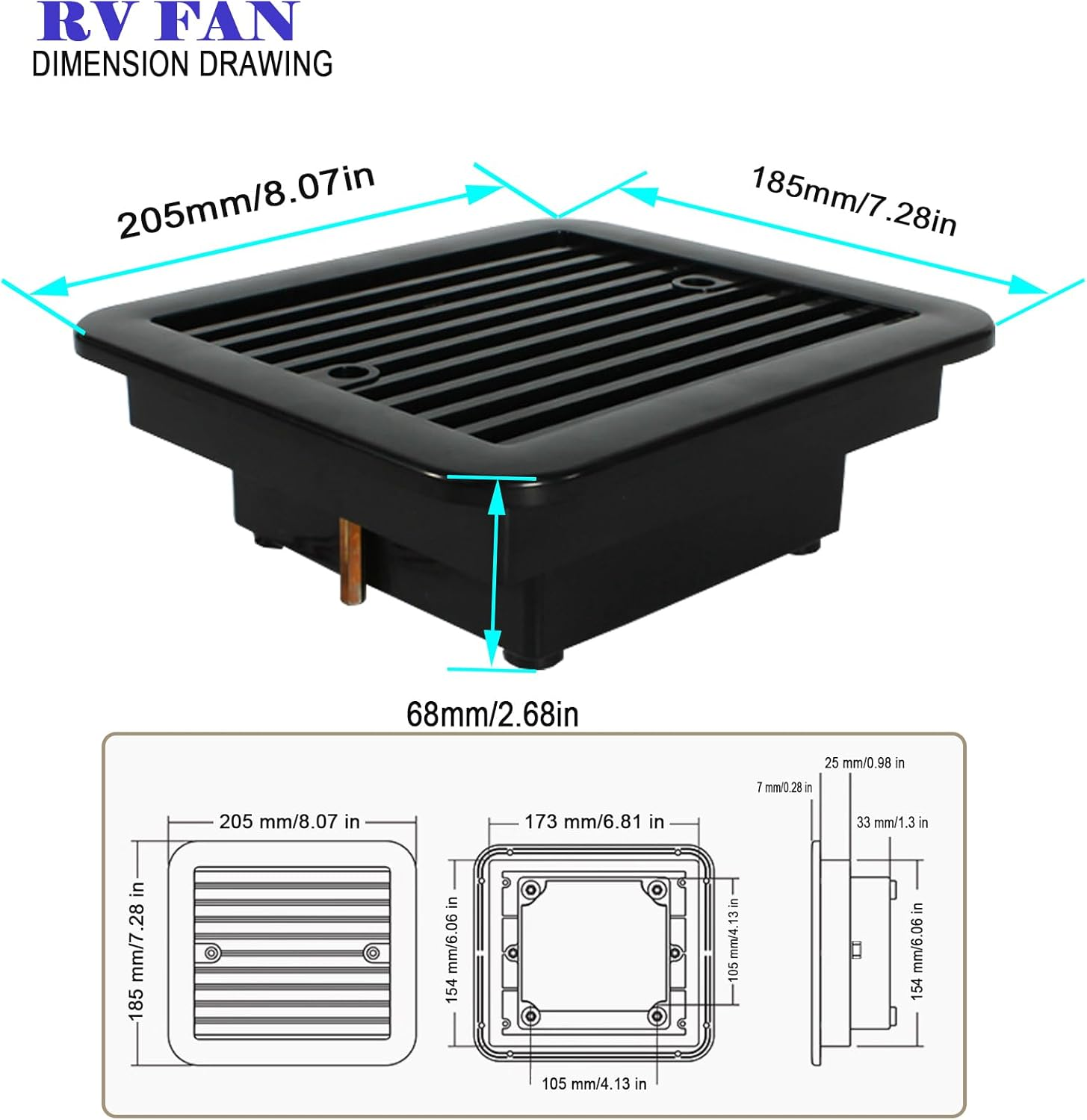 RV Exhaust Fan, 12V RV Side Vent,With Grille for Enclosed Trailer Side Vents, Air Ventilation Fan for Caravan, Motorhome, Camper, Black