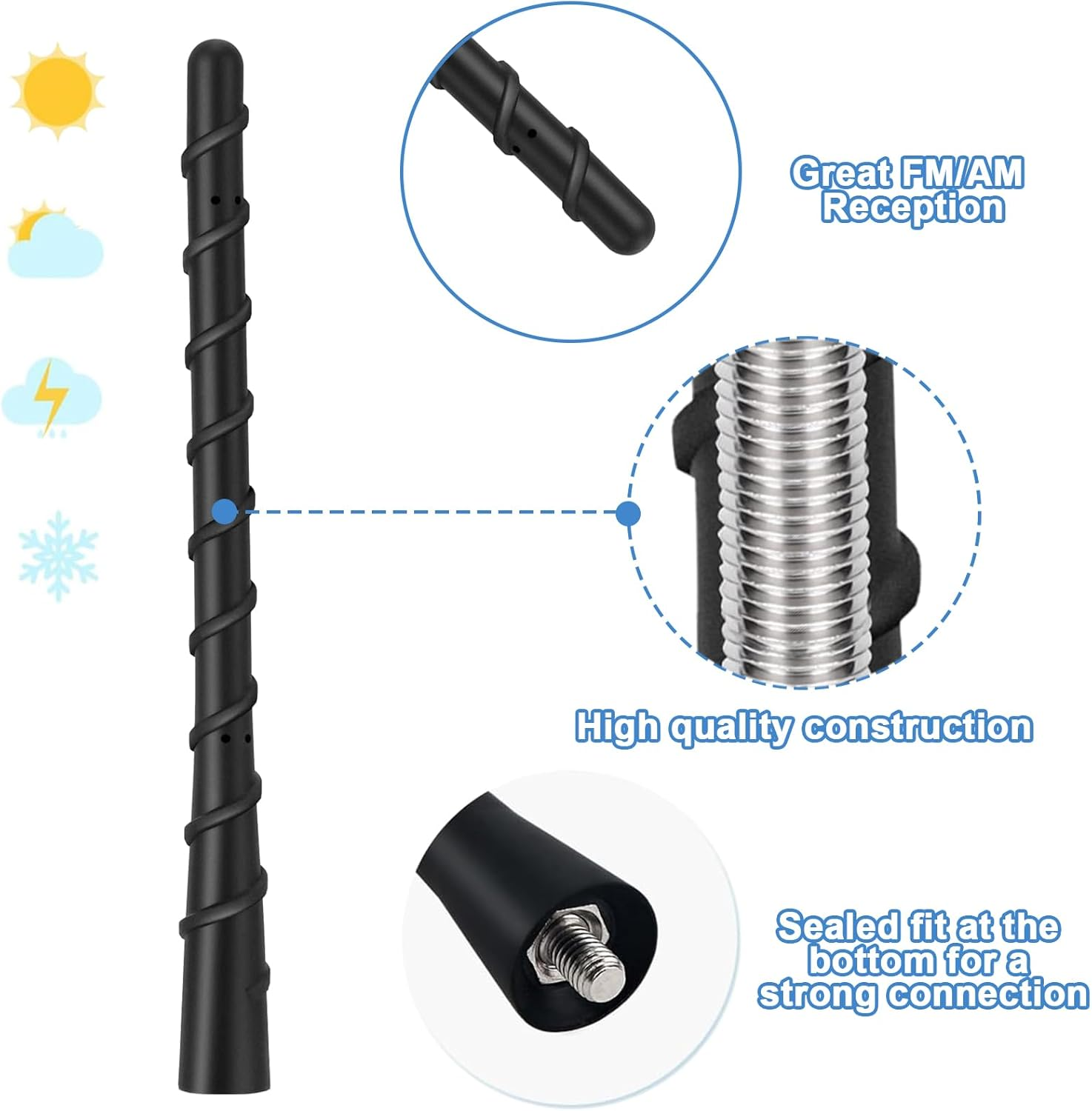 AQTAQ Universal Vehicle Roof Mount Car Antenna Short 18Cm/7Inch Car Radio Rod Antenna Replacement with High-Quality AM & FM Reception with M4 M5 M6 Threaded Adapter Suitable for Most Models Etc image number 4