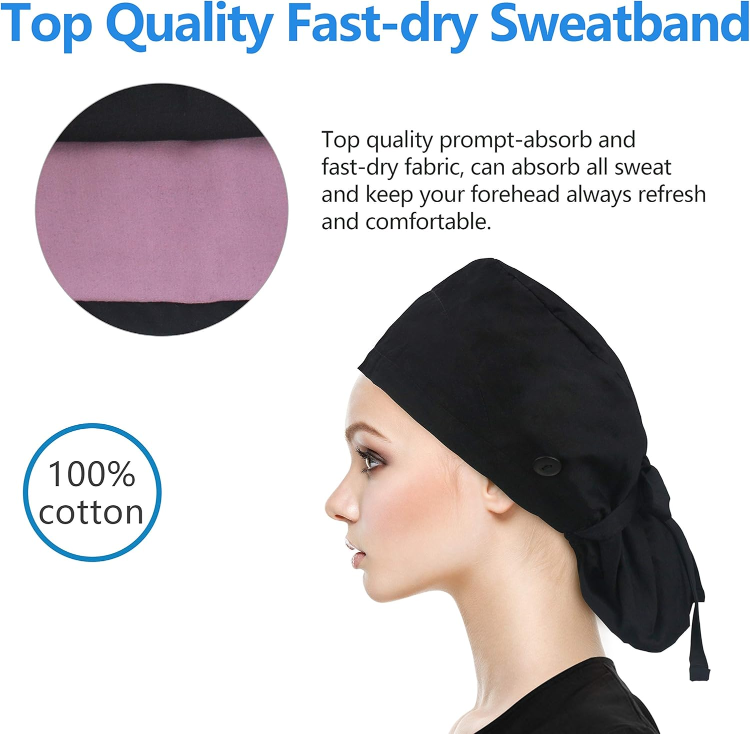QBA Adjustable Working Cap with Button, Cotton Working Hat Sweatband, Elastic Bandage Tie Back Hats for Women & Men, One Size image number 5