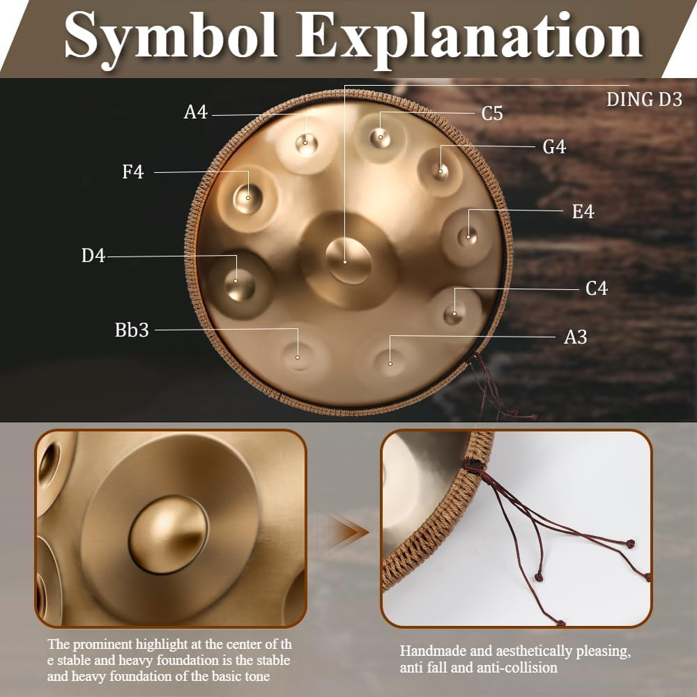 Handpan, 22 Inches Handpan Drum, D Minor 10 Notes Hand Drum, with Soft Handbag, 2 Drumsticks, Holder, Soft Cloth image number 3