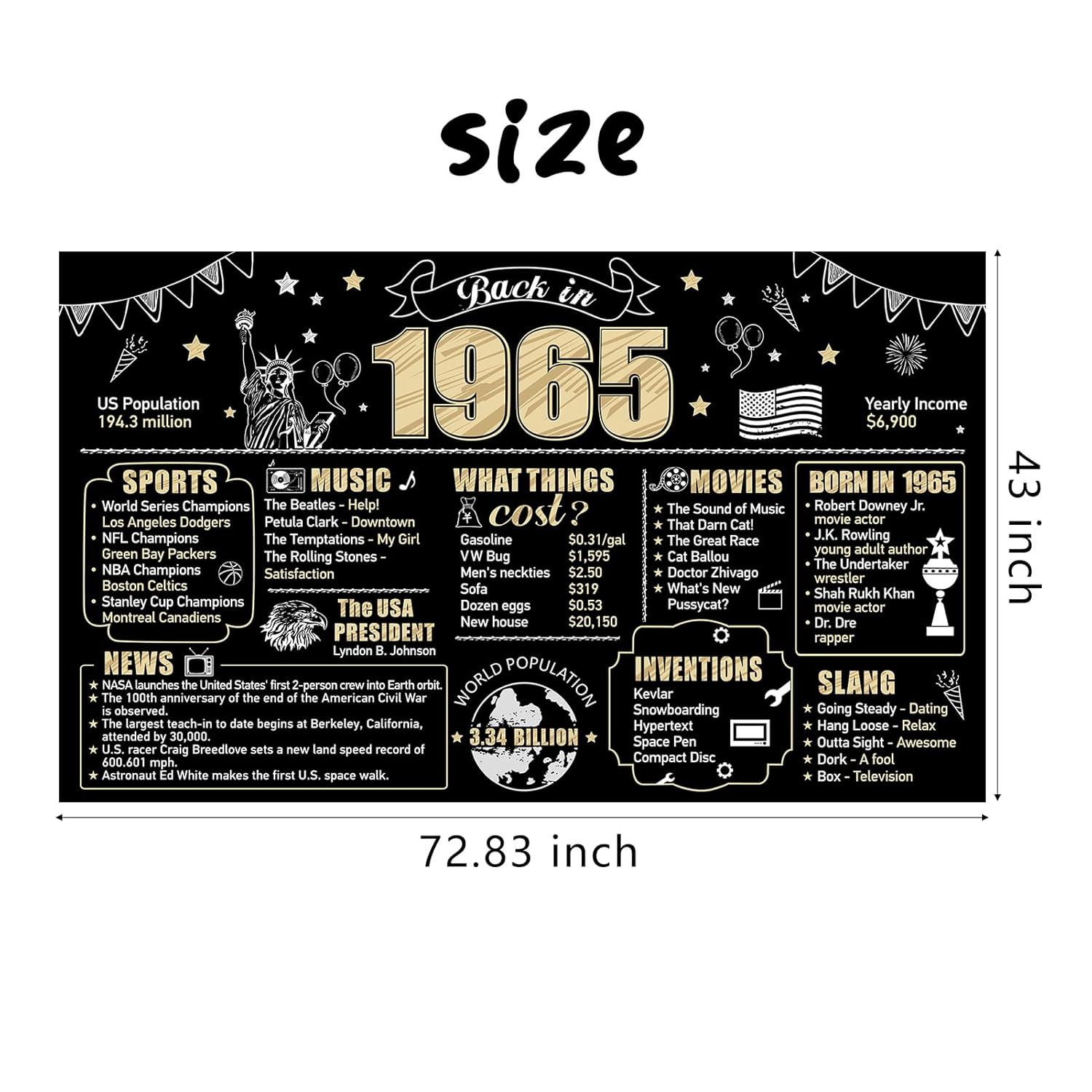 60Th Birthday Decorations Back in 1965 Banner Backdrop for Men Women, Happy 60 Birthday Sign Poster Party Supplies, Black Gold Sixty Bday Photo Background Party Decor for Outdoor Indoor image number 4
