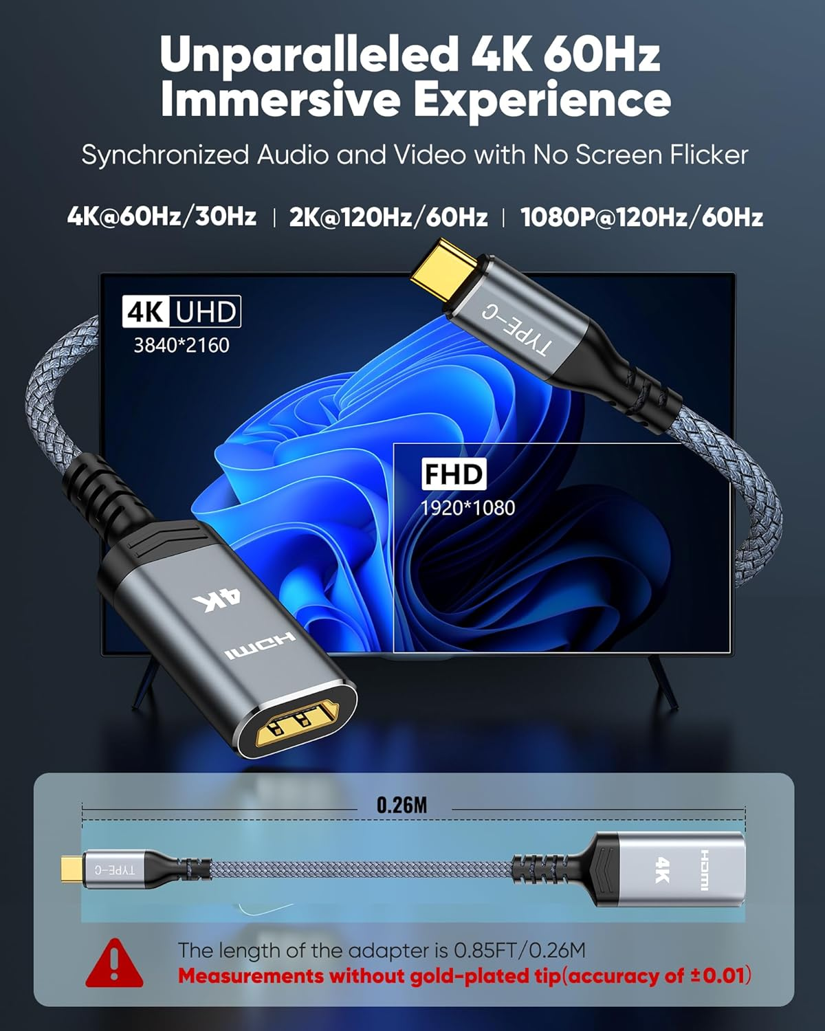 Highwings USB C to HDMI Adapter (4K@60Hz), USB Type C to HDMI Cable Adapter [High Speed, Thunderbolt 3/4 Ports], Compatible for Iphone 15/16 Pro/Max, Macbook Pro/Air, Ipad, Imac and More - Grey image number 3