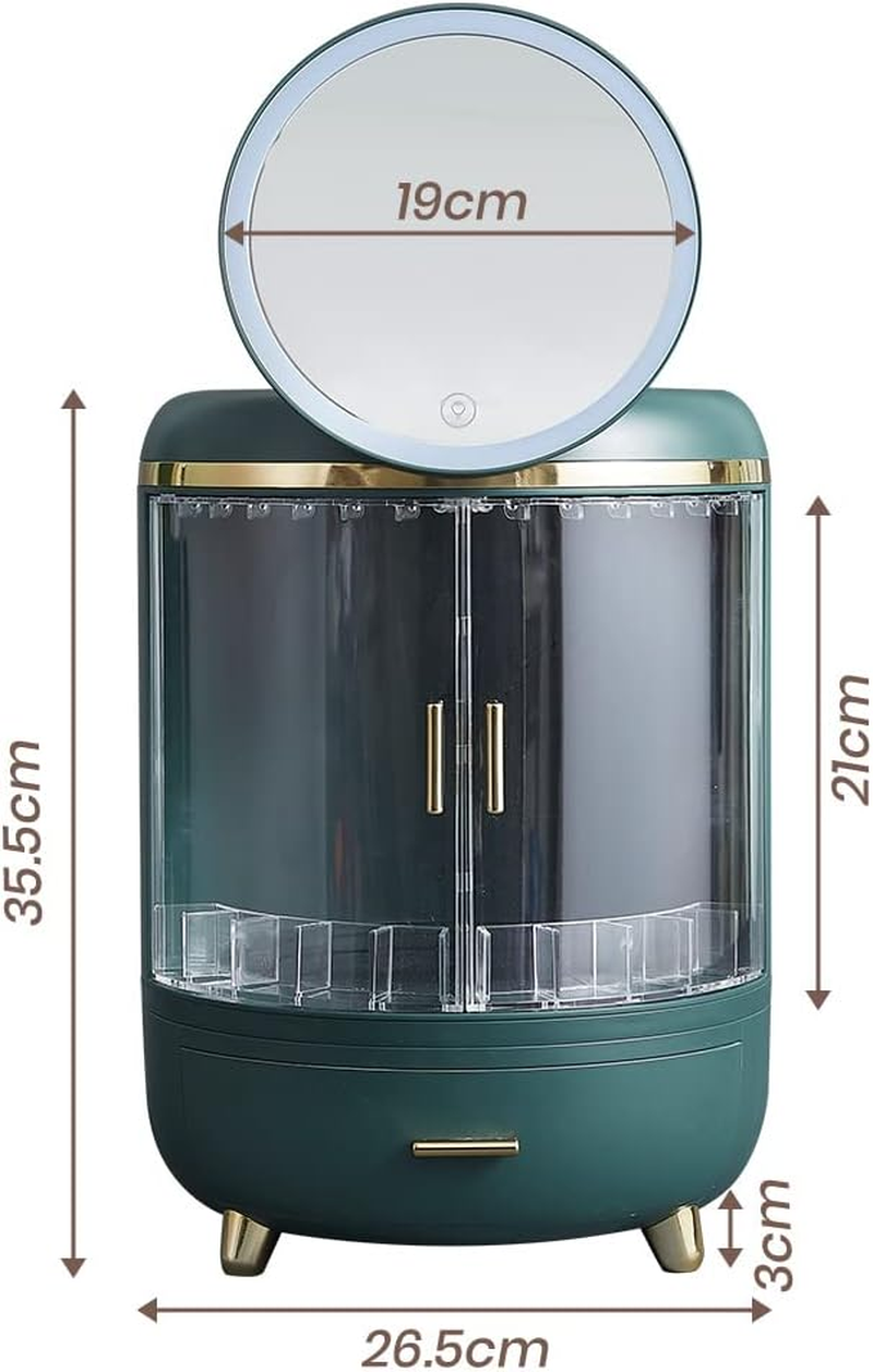Furb Makeup Organisers - Waterproof Storage Box with LED Mirror, Dustproof Cosmetic Vanity Cases with 2 Drawers, Multi-Function Desk Cosmetics Display Storage Box (Green) image number 2