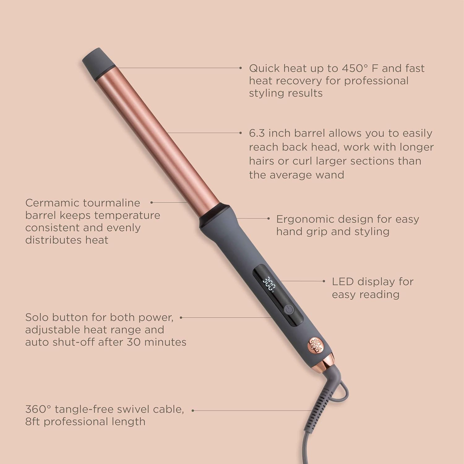 Hairitage Extra-Long 1 Inch Ceramic Tourmaline Curling Iron Wand for Long Hair - Smooth, Shiny, Voluminous Curls - Extra Long Barrel for Medium to Long Hair - No Clamp for Quick Styling - 450 Degrees image number 2