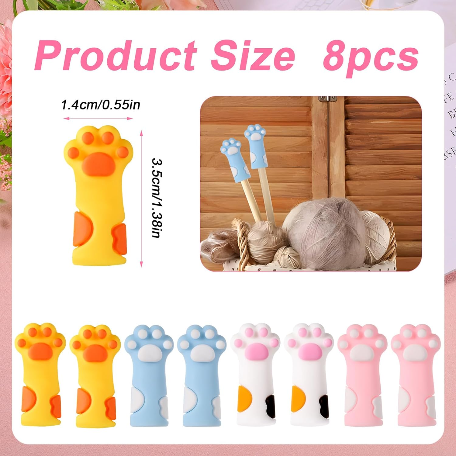 8Pcs Cat Paw Knitting Needle Stoppers, Silicone Cute Knitting Needle Point Protectors Caps Stitch Needle Tip Covers Knitting Accessories for 11-17 (0.31-0.5 Inch) Needles (Color Combination 1) image number 4