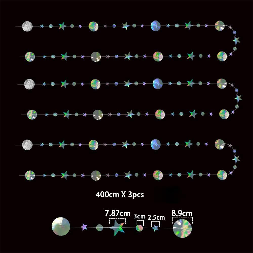 MOTRAIN Iridescent Star Moon Circle Dot Garland Party Decoration Set, Hanging Twinkle Star Banner Backdrop, Little Star Iridescent Party Supplies for Kids Birthday Wedding Festival Engagement image number 3