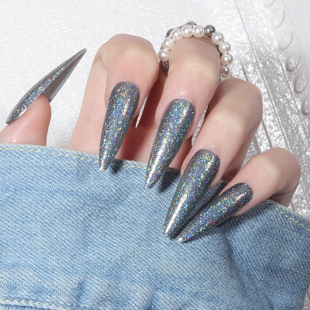 Press on Nails 24Pcs French Tip False Nails Long Almond Full Cover Acrylic Nails Laser Glitter for Women Girls Salon Home DIY Detachable Nail Art Deco Silver image number 4