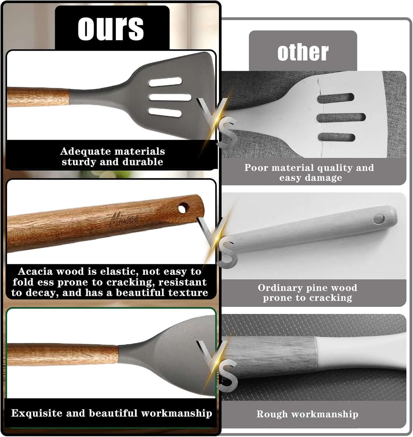 Miusco 5 Piece Silicone Cooking Utensil Set with Natural Acacia Hard Wood Handle, Grey