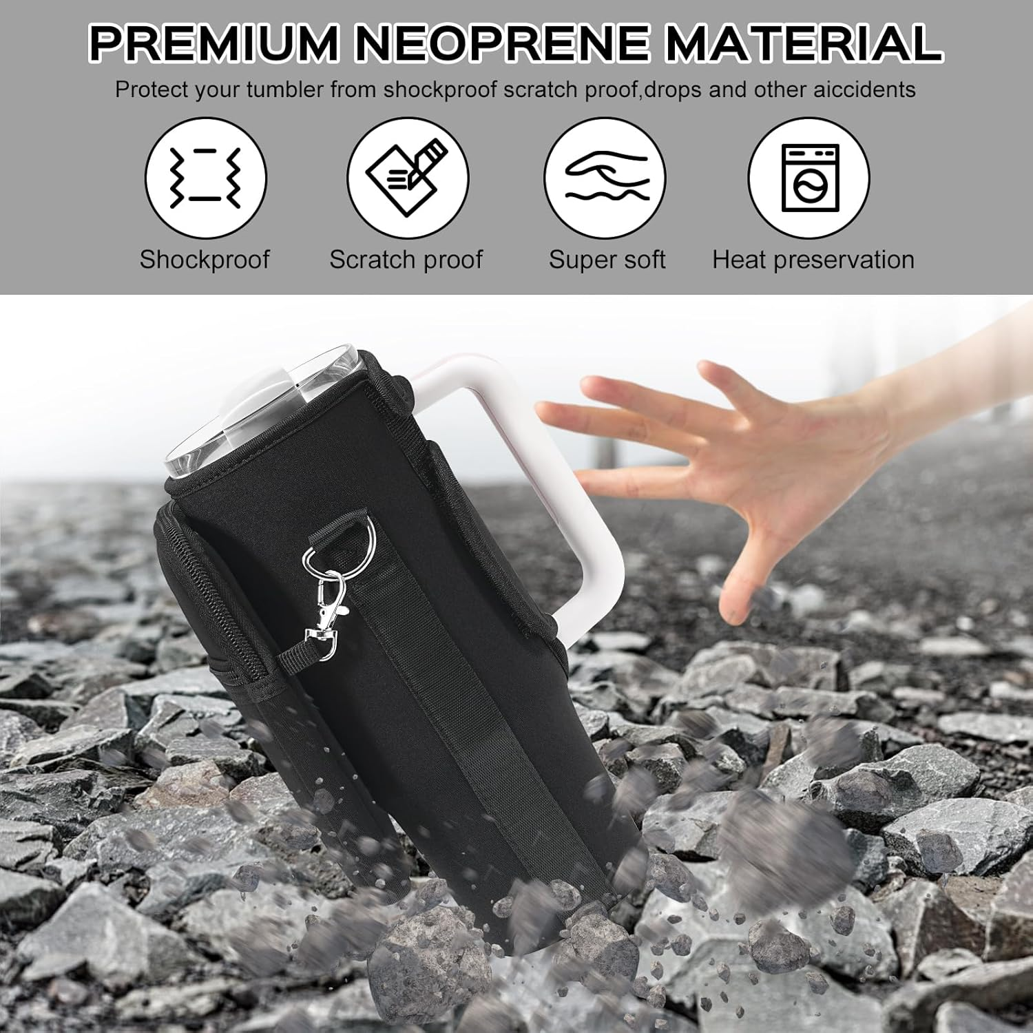 PRAGATISM Water Bottle Carrier Bag with Pouch for Stanley 30 Oz Tumbler with Handle, Neoprene Water Bottle Holder Pocket with Adjustable 4.9FT Strap, Bottle Pouch for Stanley Cup Accessories - Black image number 4