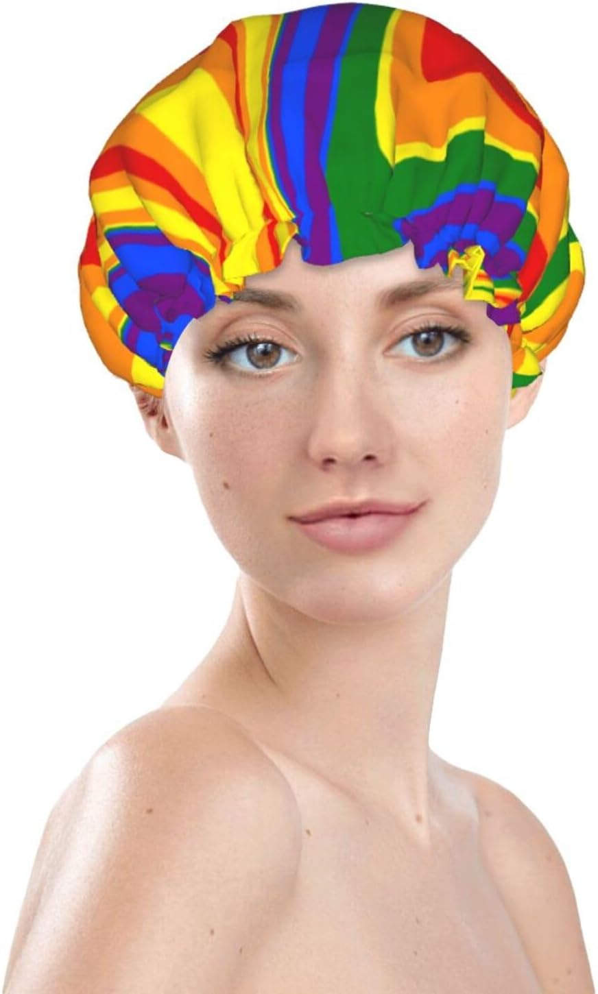 Lgbtq Pride Mouth Rainbow Gay Shower Cap for Women Adjustable Double Waterproof Layers Bathing Bath Cap Hair Protection Reusable Ladies Spa Salon Shower Hat image number 1