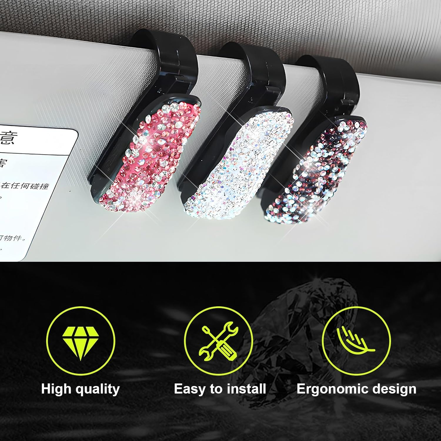 2 PCS Bling Sunglasses Holder for Car Sun Visor, Crystal Rhinestones Eyeglasses Hanger Mount with Ticket Card Clip, Universal Vehicle Visor Decor Accessories for Women (Black) - White  Ab  Multicolour image number 4