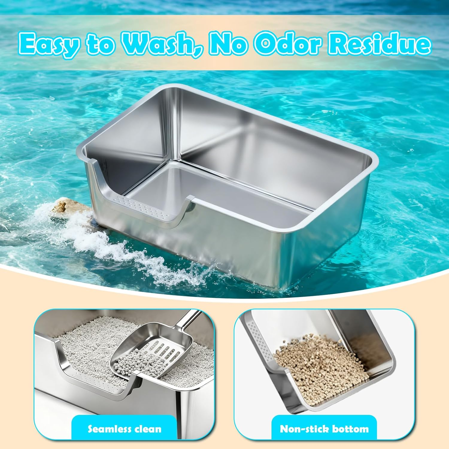 Stainless Steel Litter Box with High Sides,Metal Litter Box with Low Entry for Kittens & Senior Cats,Large Cat Litter Boxes,19.6" L X 13.7" W X 5.9" H,Non-Sticky,Easy to Clean (Middle Entry)