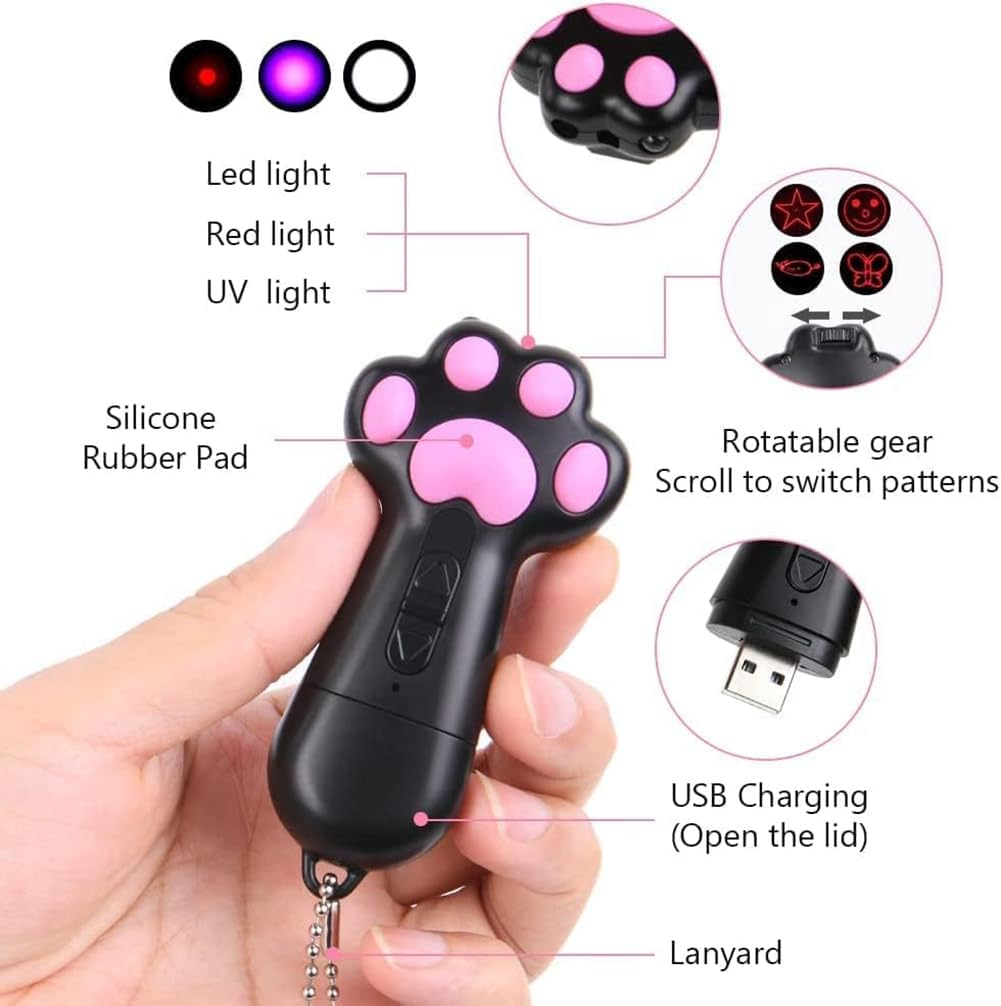 Mumoo Bear Cat Dog Red Pointer Light Toy, 7 in 1 Paw Style Cat Toys Cat Dog Interactive Toy, USB Rechargeable LED Cat Pen Light, Pet Scratching Practice Chase Training Tool (Black)