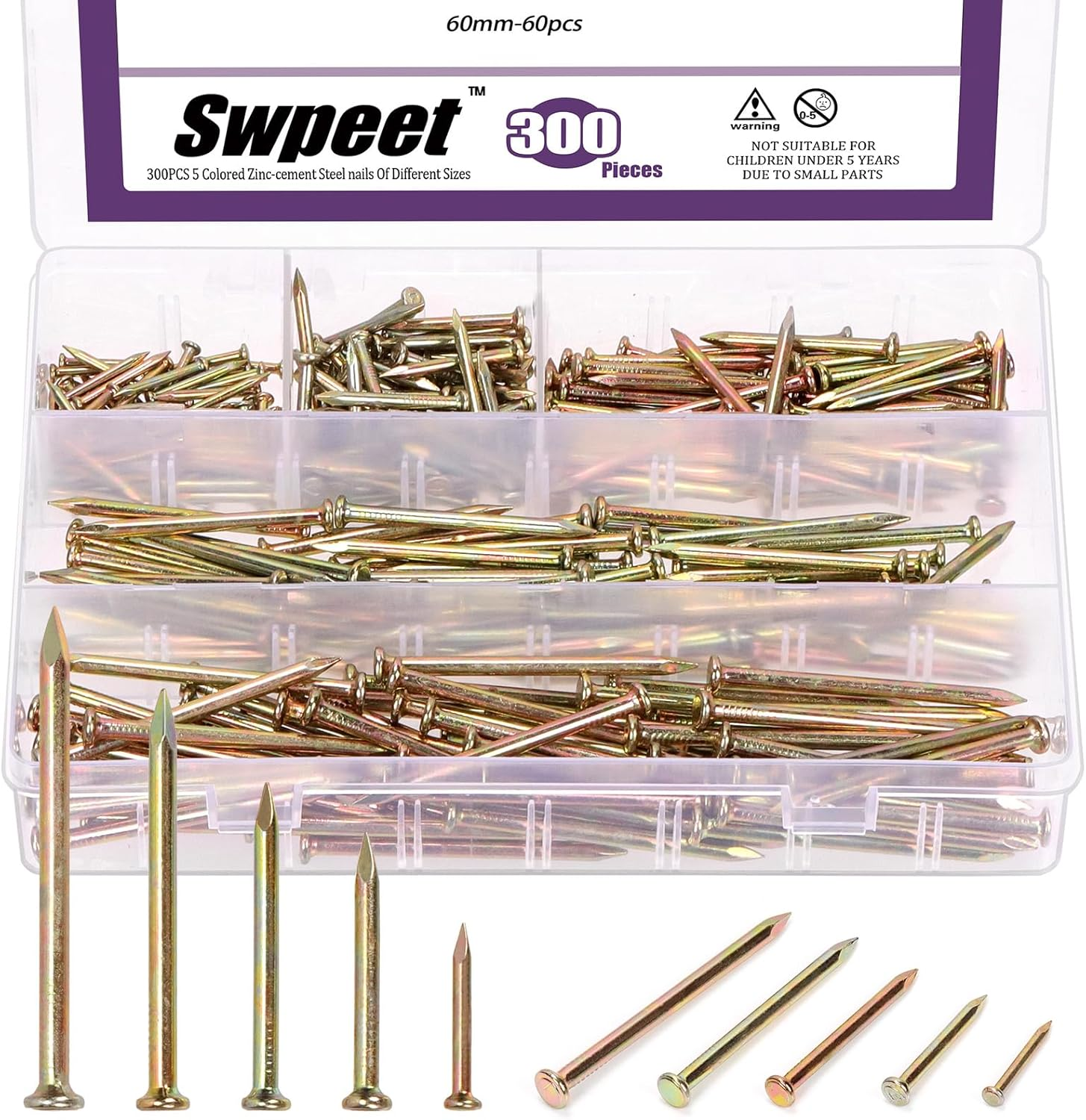 Swpeet 300Pcs 5 Sizes 3/4" 1-1/4" 1-3/5" 2" 2-3/8" Colored Zinc Hardware Nails Assortment Kit，Steel Nail, Galvanized Nails, Small Nails, Finishing Nails, Wall Nails, Wood Nails, Nails for Concrete image number 4