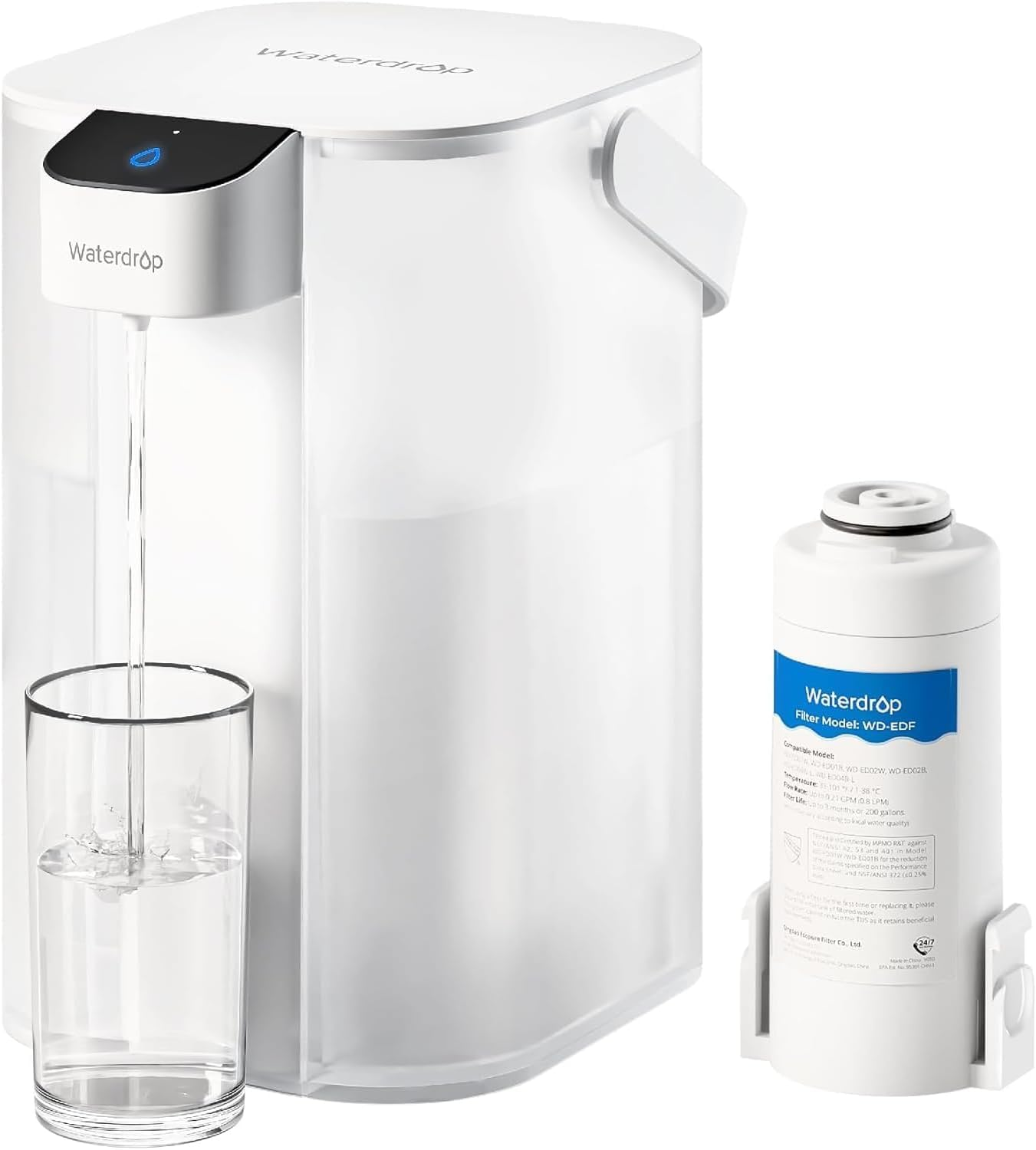 Waterdrop Water Filter Jug, Electric Rechargeable Water Purifier, 200-Gallon Countertop Water Dispenser, NSF/ANSI 401&53&42&372, Reduce PFAS, Lead, Chlorine, 3.6L, White, with 1 Filter image number 5