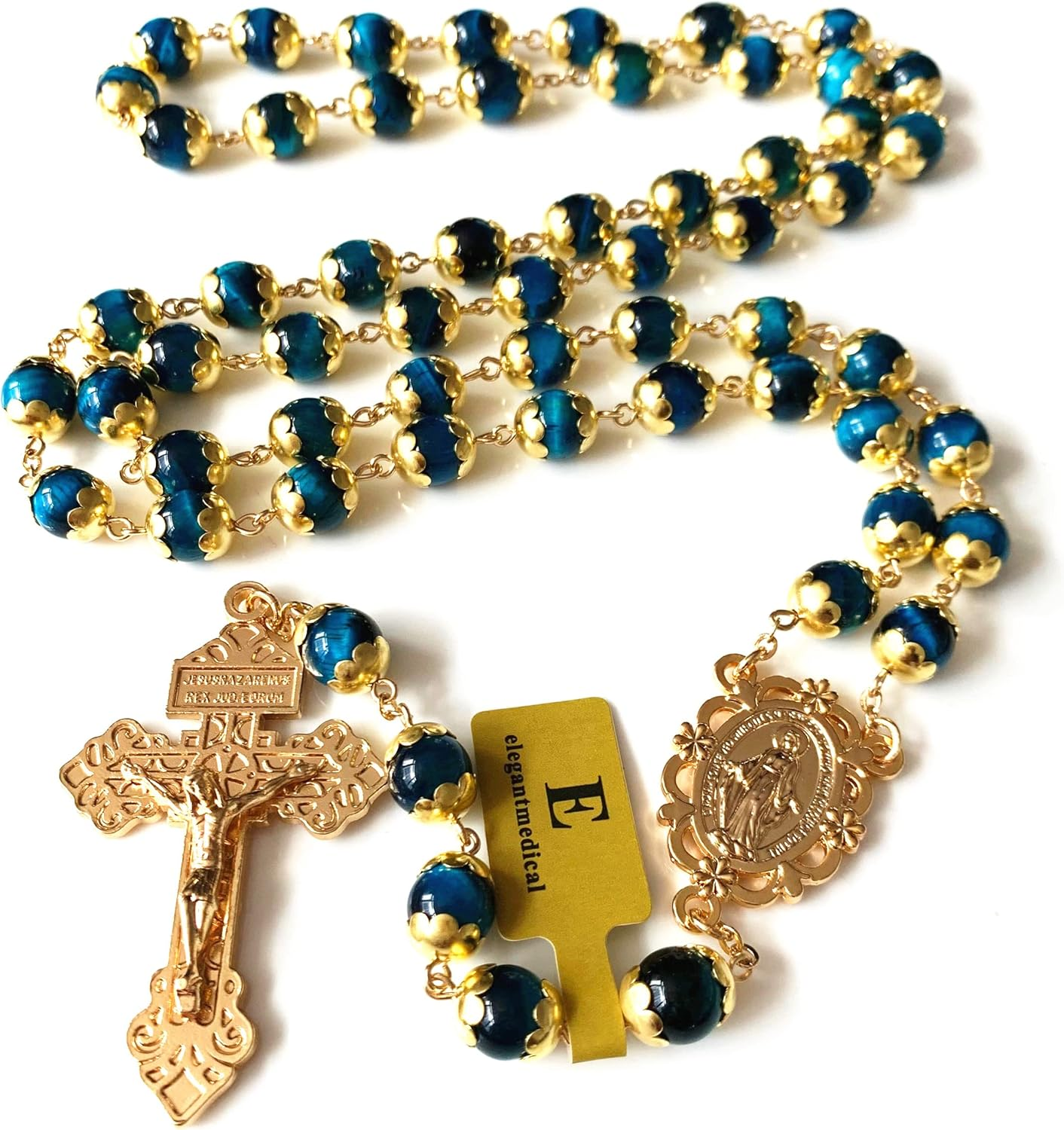 Elegantmedical HANDMADE Tiger Eye Prayer Beads Catholic Rosary Necklace Gift Box Italy Crucifix Gold