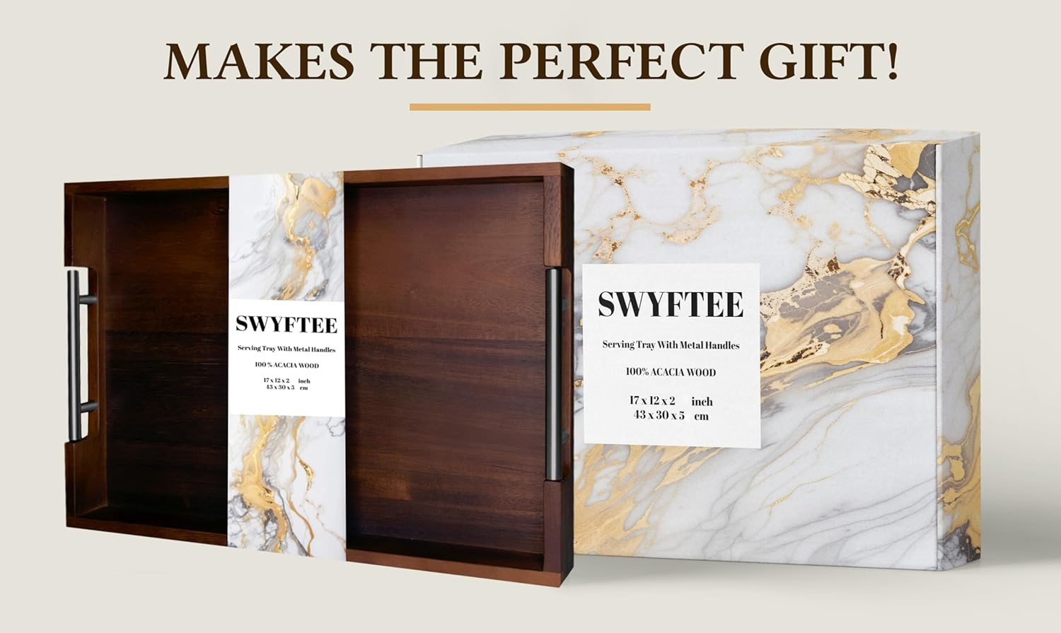 Swyftee Serving Tray with Handles &ndash; 17 X 12 X 2 Inch Dark Brown Acacia Wood Ottoman Tray Table Trays Decorative &ndash; Coffee Tray Wood Decor for Kitchen &ndash; Breakfast in Bed Tray with Silver Metal Handles image number 2