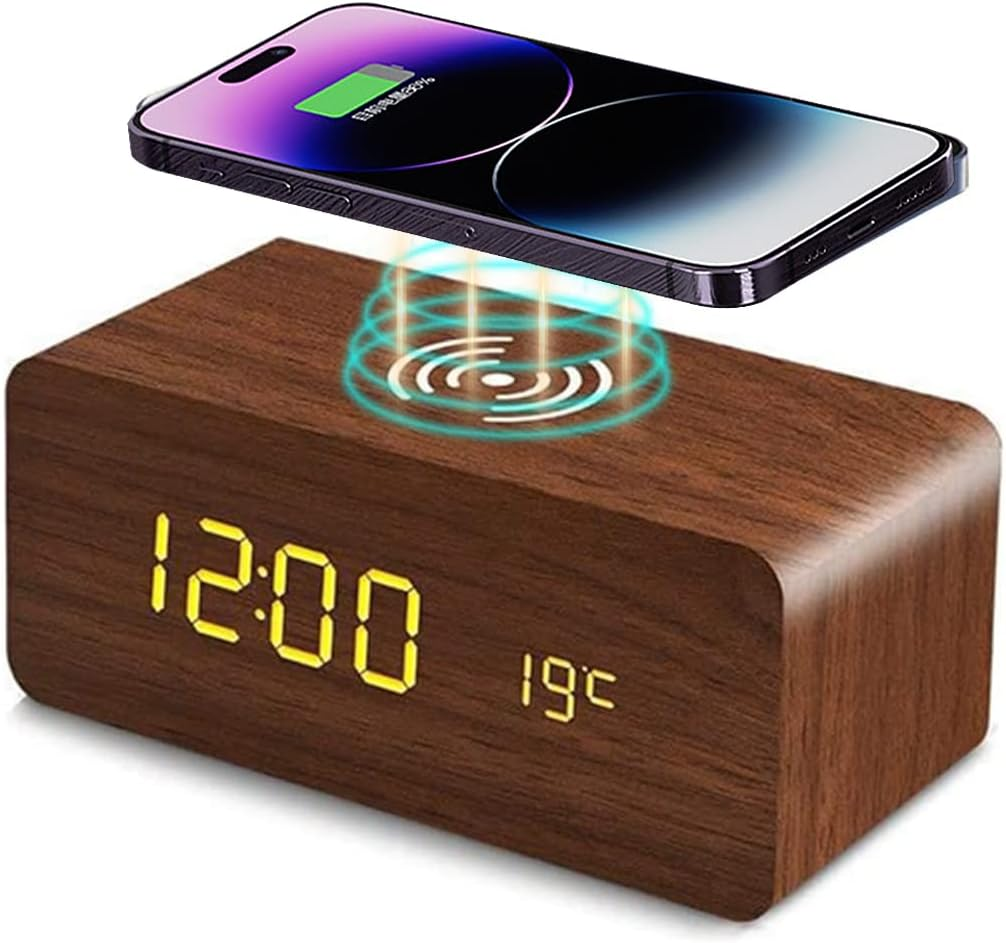 Wooden Digital Alarm Clock with Wireless Charging, 3 Alarms LED Display, Sound Control and Snooze Dual，Adjustable Brightness, Time Temperature (Black)