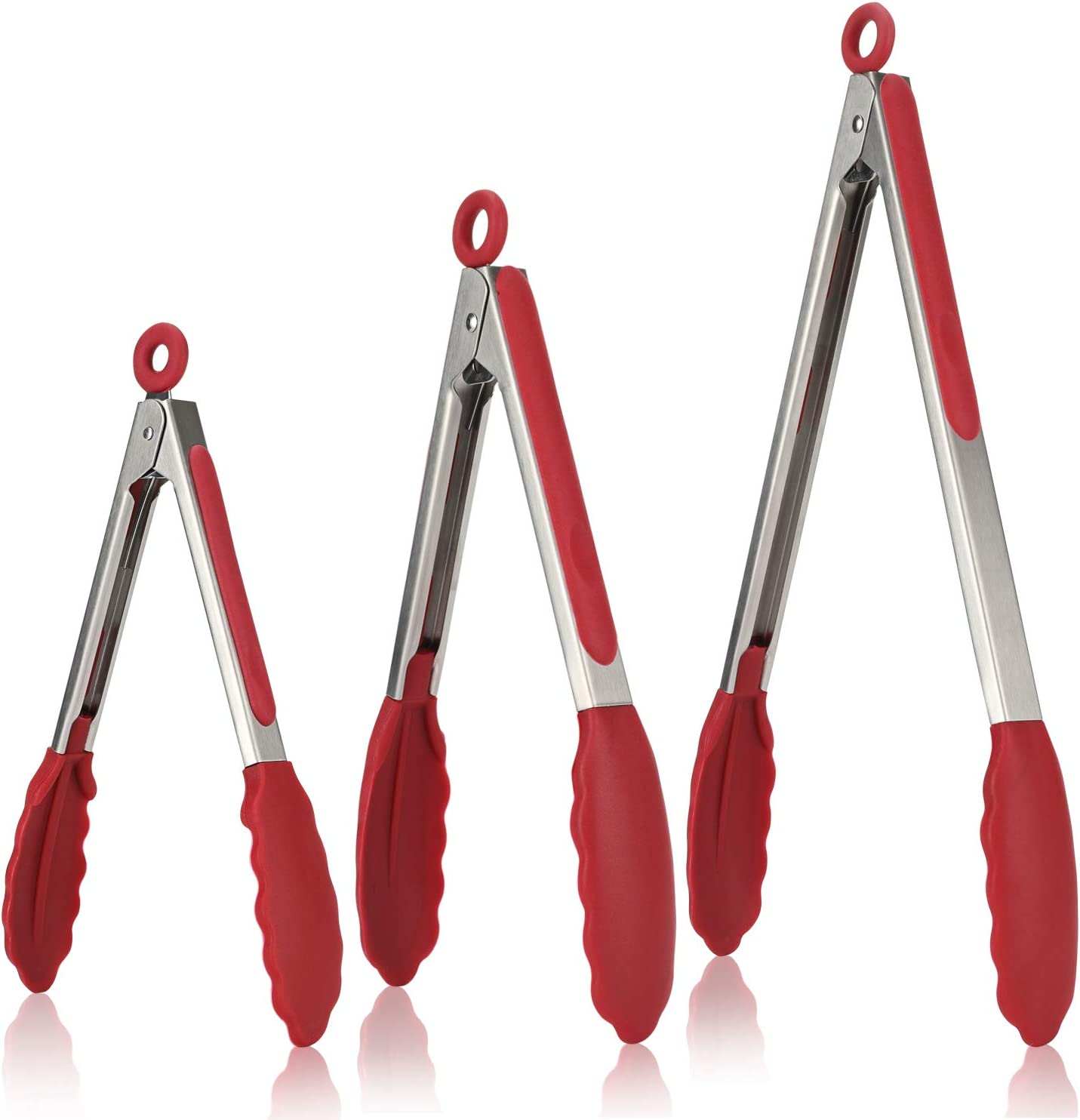 315℃ Heat Resistant Kitchen Tongs: U-Taste 18/8 Stainless Steel Cooking Tongs Set of 3, with Non-Stick Bpa-Free Silicone Tips, for Food Grill, Salad, BBQ, Frying, Serving, 18/23/30 Cm (Black)