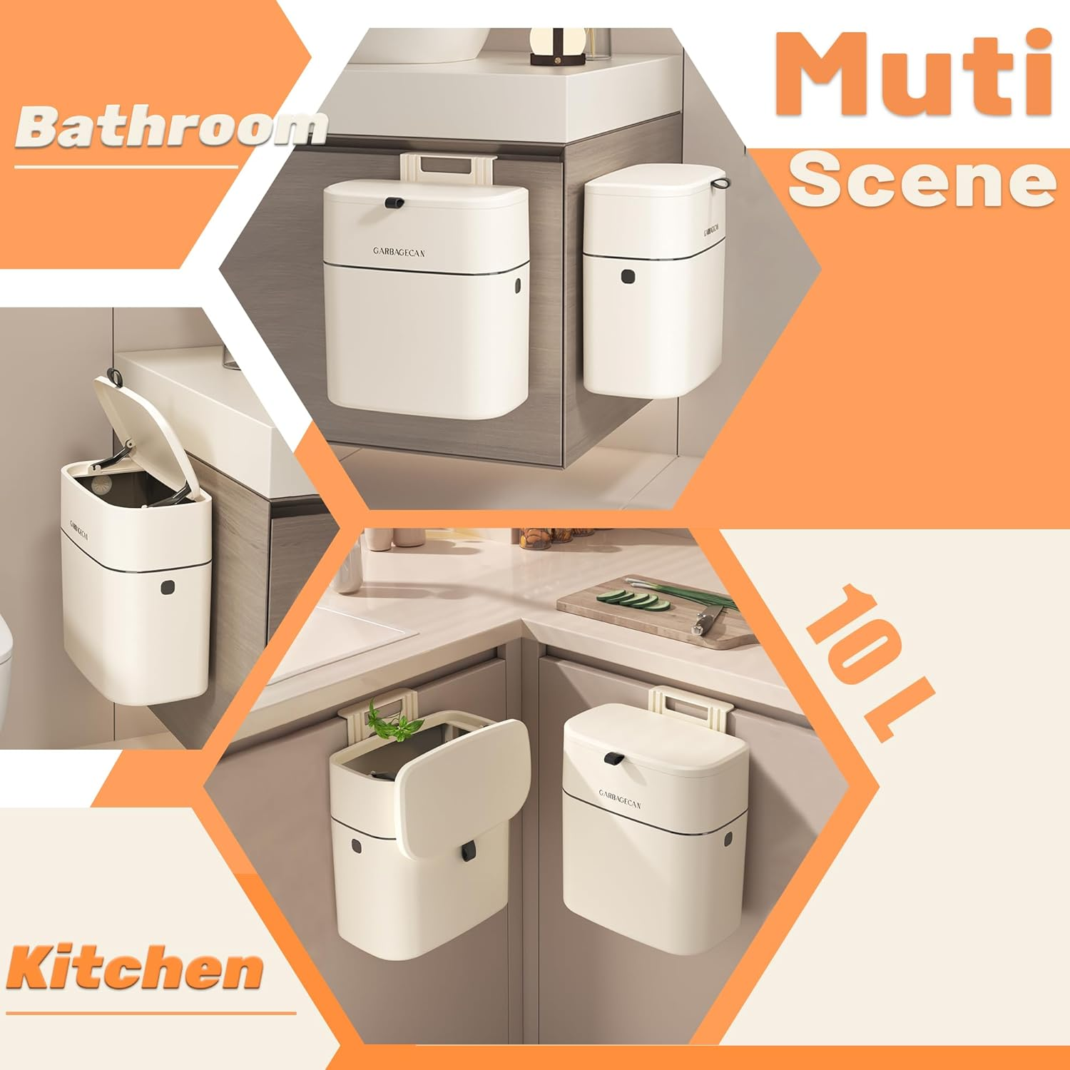 Kitchen Bin with Lid Hanging Plastic Rubbish Bins for Cabinet Door Wall Mounted Bathroom Garbage Can 10L White image number 1