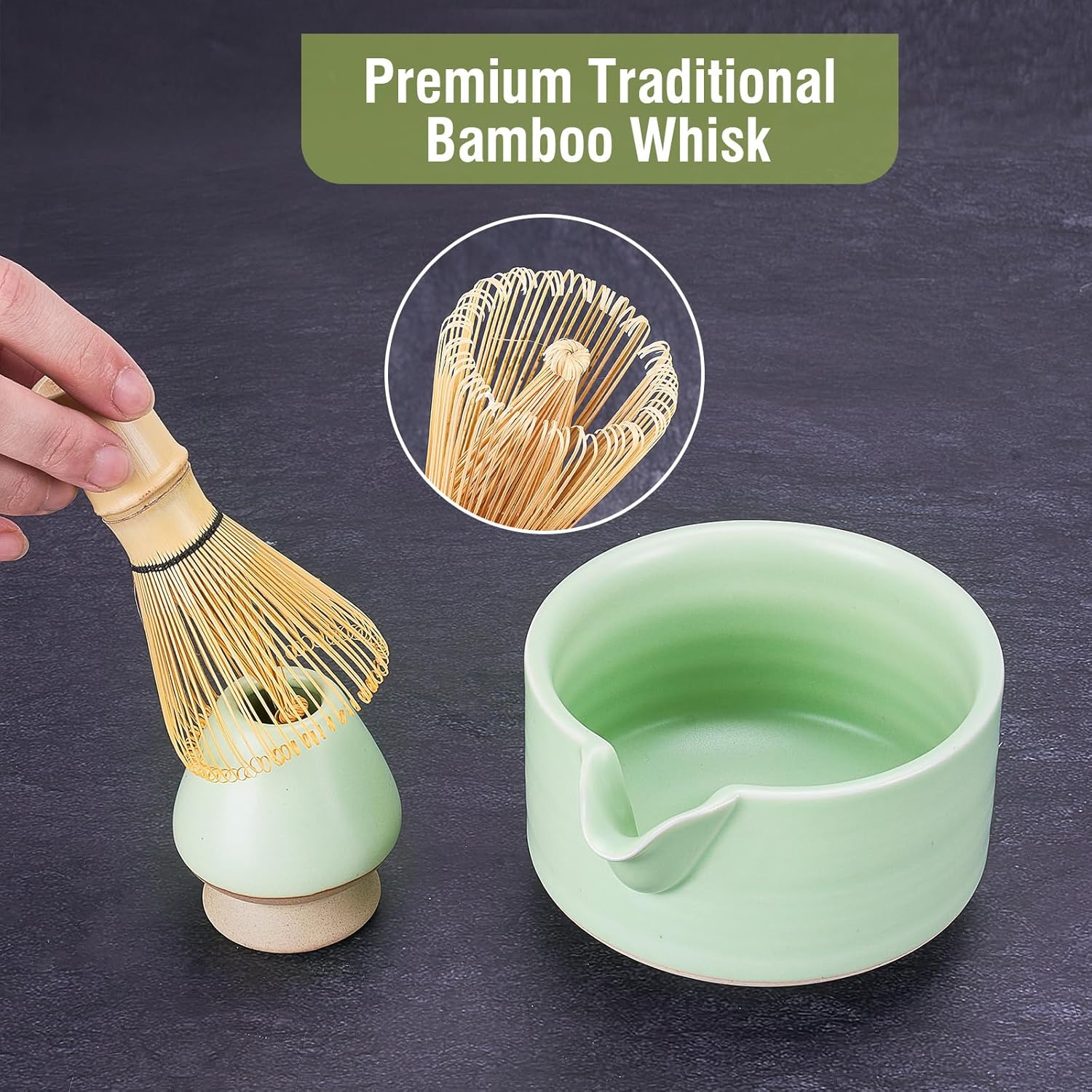 Matcha Whisk Set,5Pcs Household Matcha Kit,Elegant Japanese Matcha Tea Set,Ceramic Matcha Bowl with Spout, Matcha Whisk Holder,Bamboo Whisk, Stainless Sifter & Scoop for Tea Lover-Green image number 2