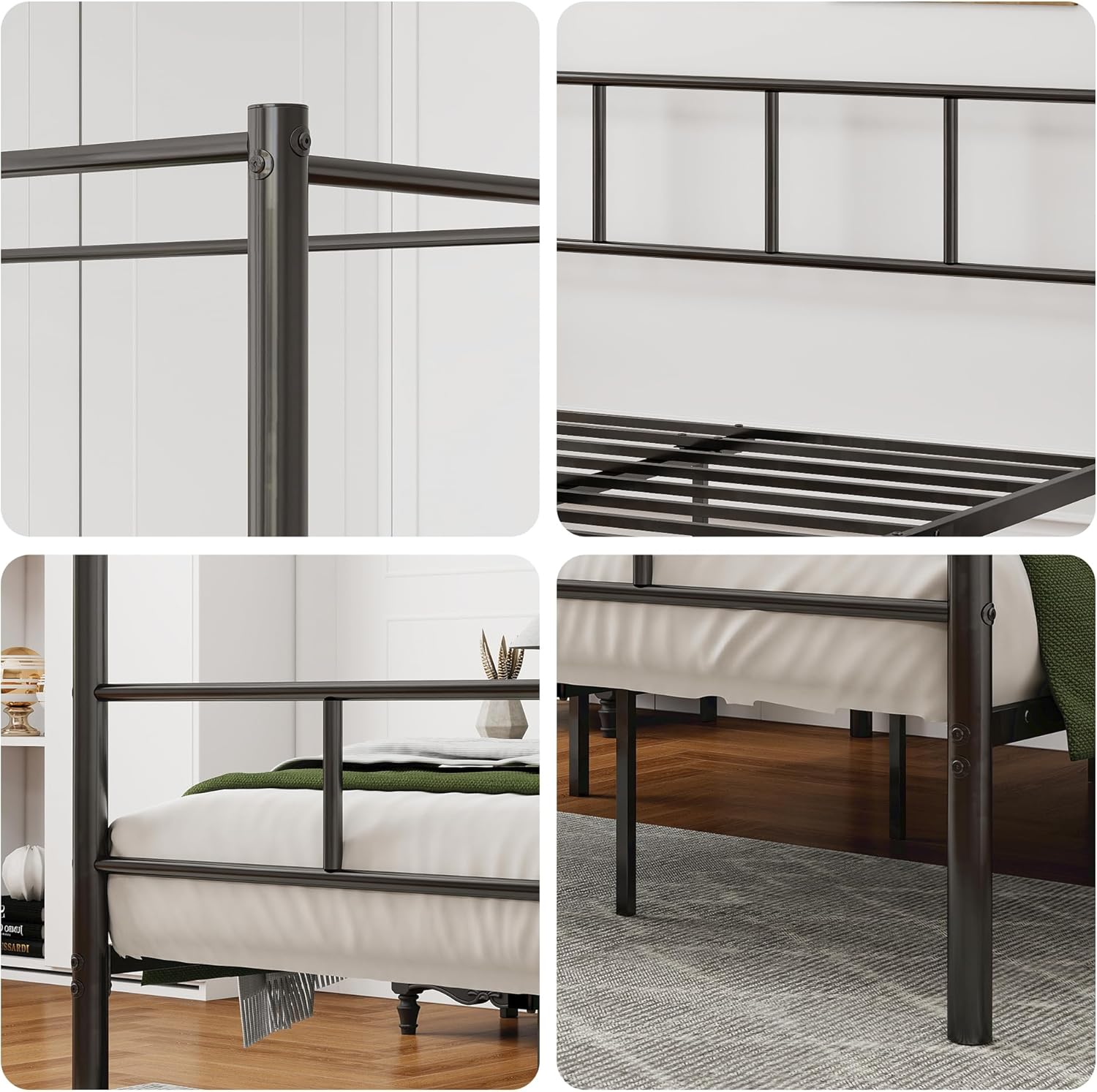 Diolong Patricia Double Bed Frame Canopy Four Poster Bed with Metal Slats/Mattress Platform with under Bed Storage/Bedroom Furniture/Black image number 1