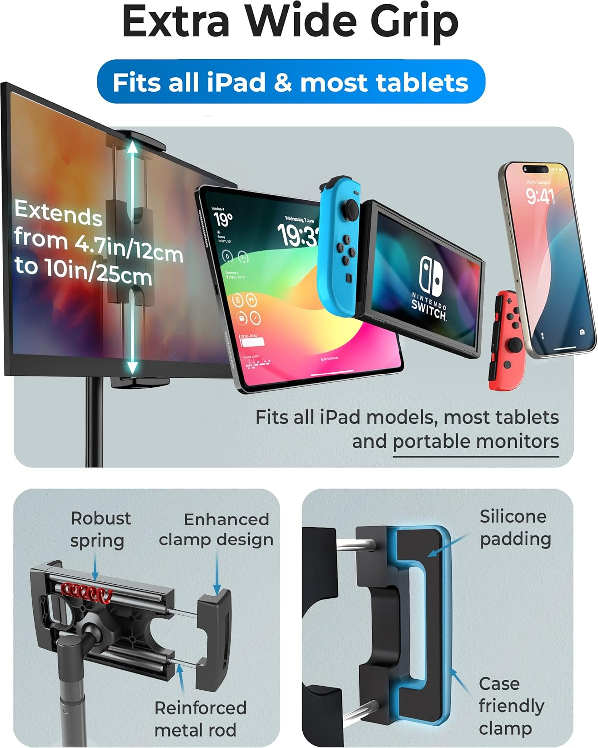 Cooper Tabstand - Height Adjustable Ipad Stand for Desk, Tablet Holder, 16" Portable Monitor Stand | Aluminum Alloy Telescoping Tablet Tripod for All Ipad, Pro, Air, Mini & Kindle (Night Black) - New Night Black (4.4 Lb Support) image number 4