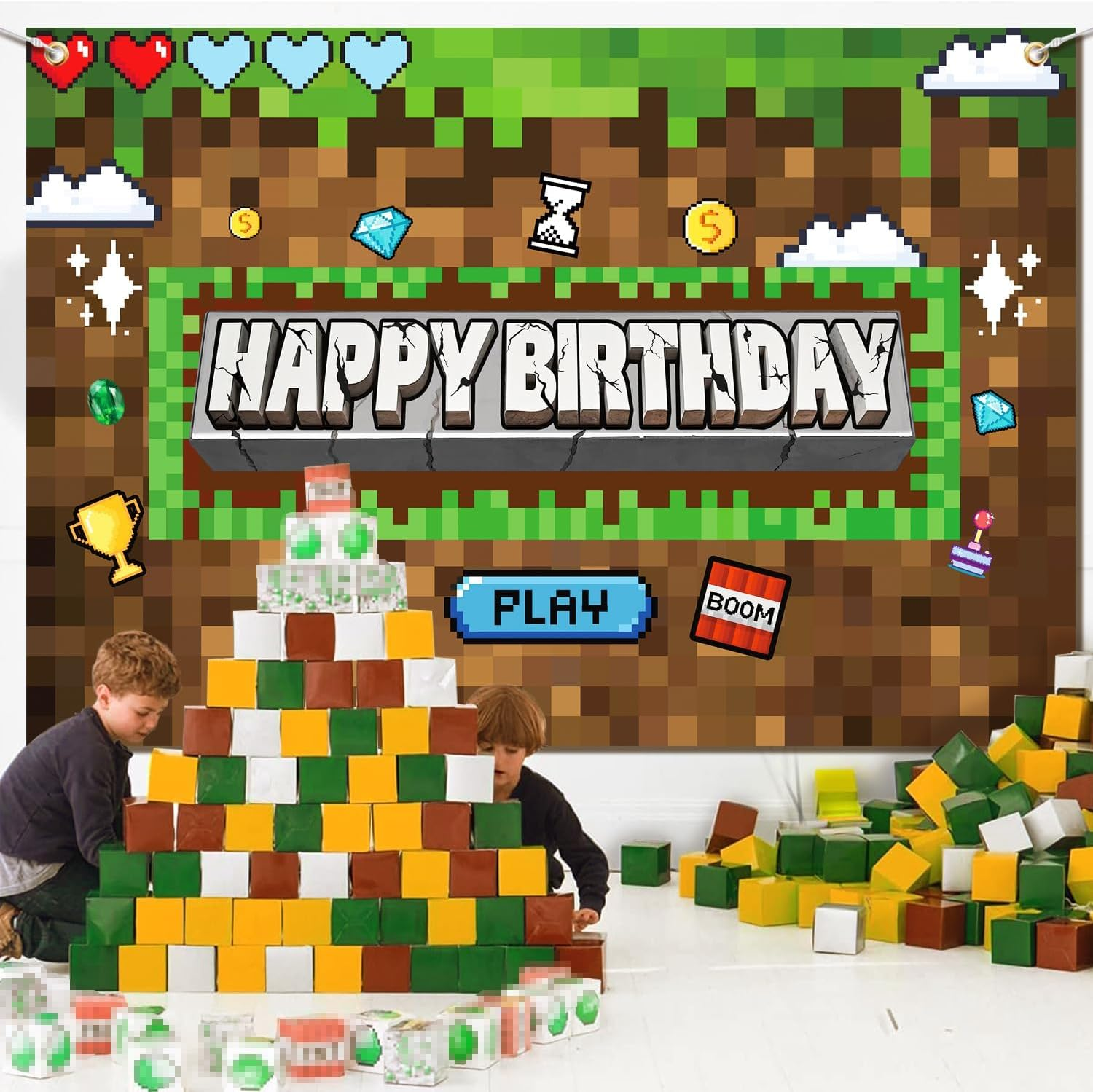 Pixel Birthday Party Decorations Pixel Video Game Banner for Miner Birthday Party Backdrop Photo Background Wall Decor Mining Party Supplies image number 6