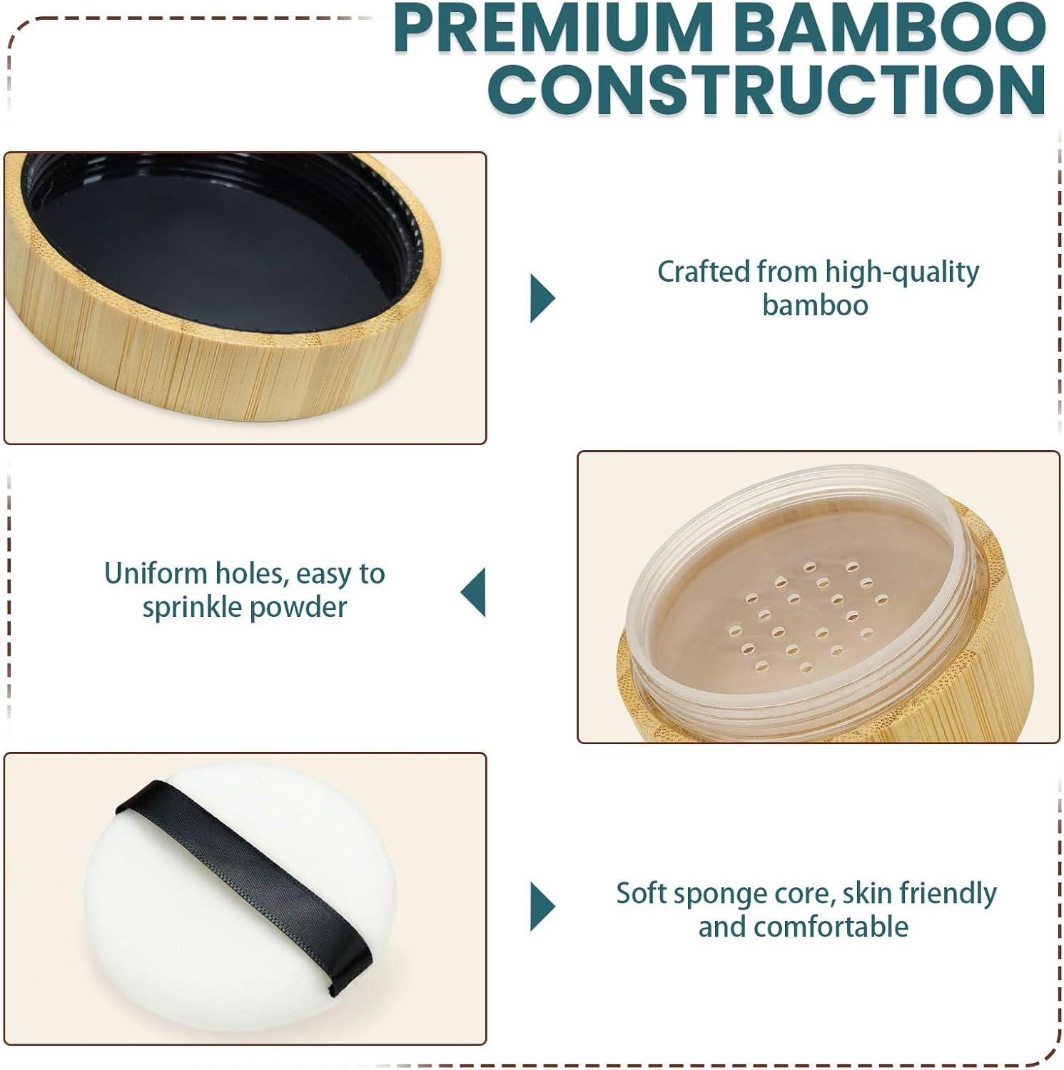 Sekonow 2 Pack Bamboo Loose Powder Container with Puff, 30Ml/1Oz Empty Dusting Powder Container Body Face Makeup Jar Case with Sifter and Screw Lid for Daily & Travel image number 5