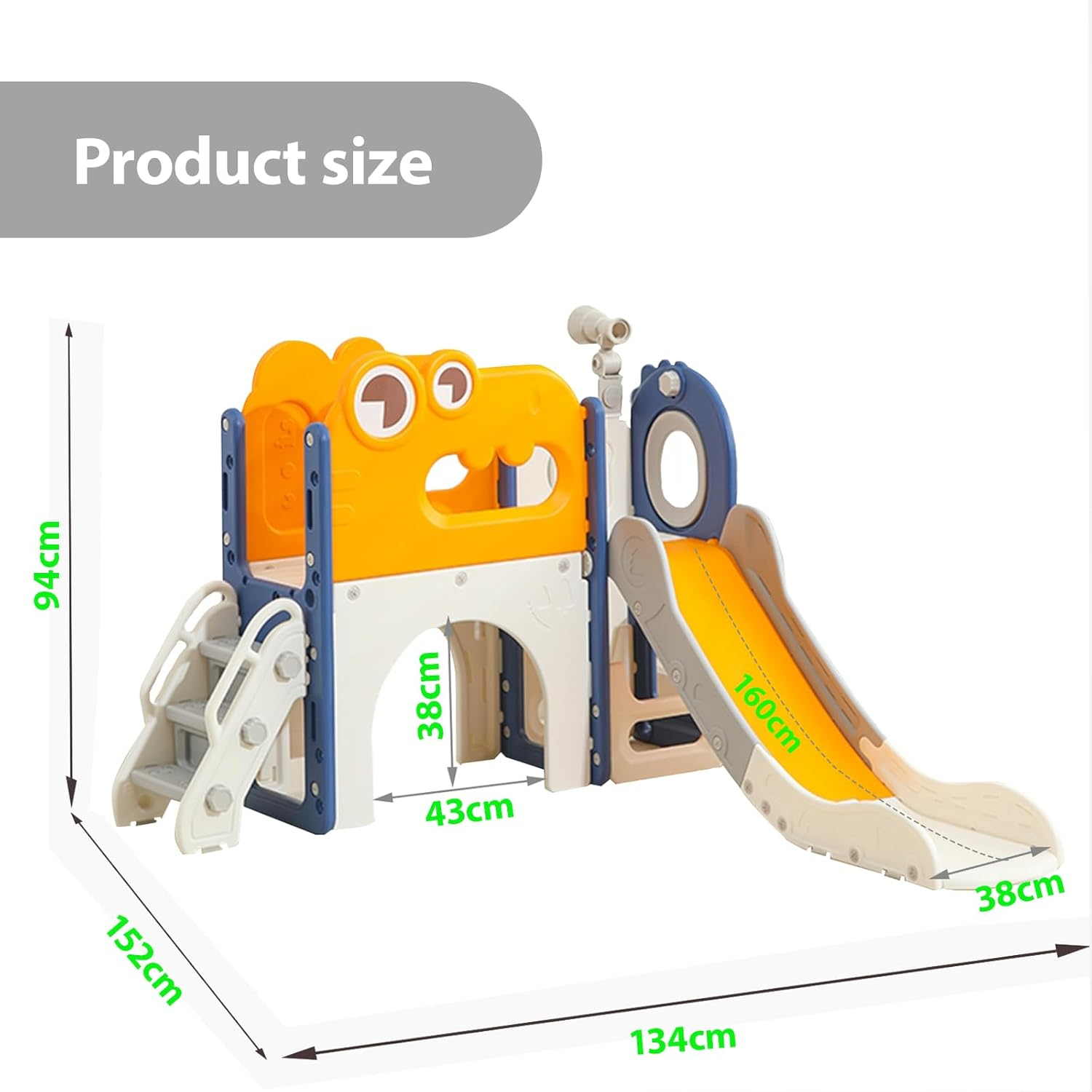 Kids Slide Set Toddler Slide Playset Dinosaur Bus-Themed Includes Toy Telescope Tunnel Storage Basketball Hoop & Ball Extra Long Slides for Kids Indoor Outdoor Playground (Yellow-8In1)