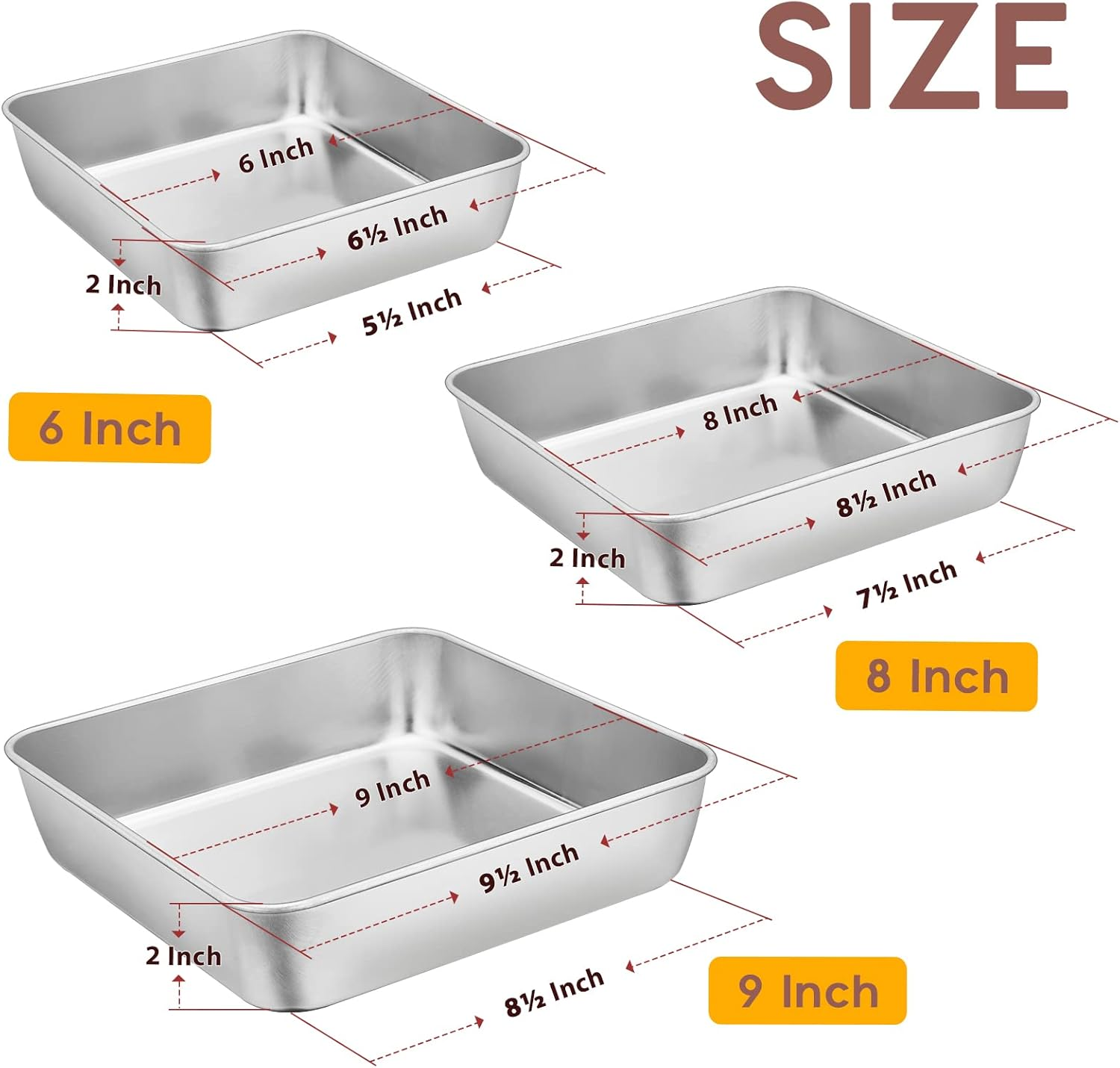 6/8/9-Inch Square Cake Pan Set, E-Far Stainless Steel Square Baking Brownie Pans Metal Bakeware Set of 3, Non-Toxic & Healthy, Easy Clean & Dishwasher Safe image number 3