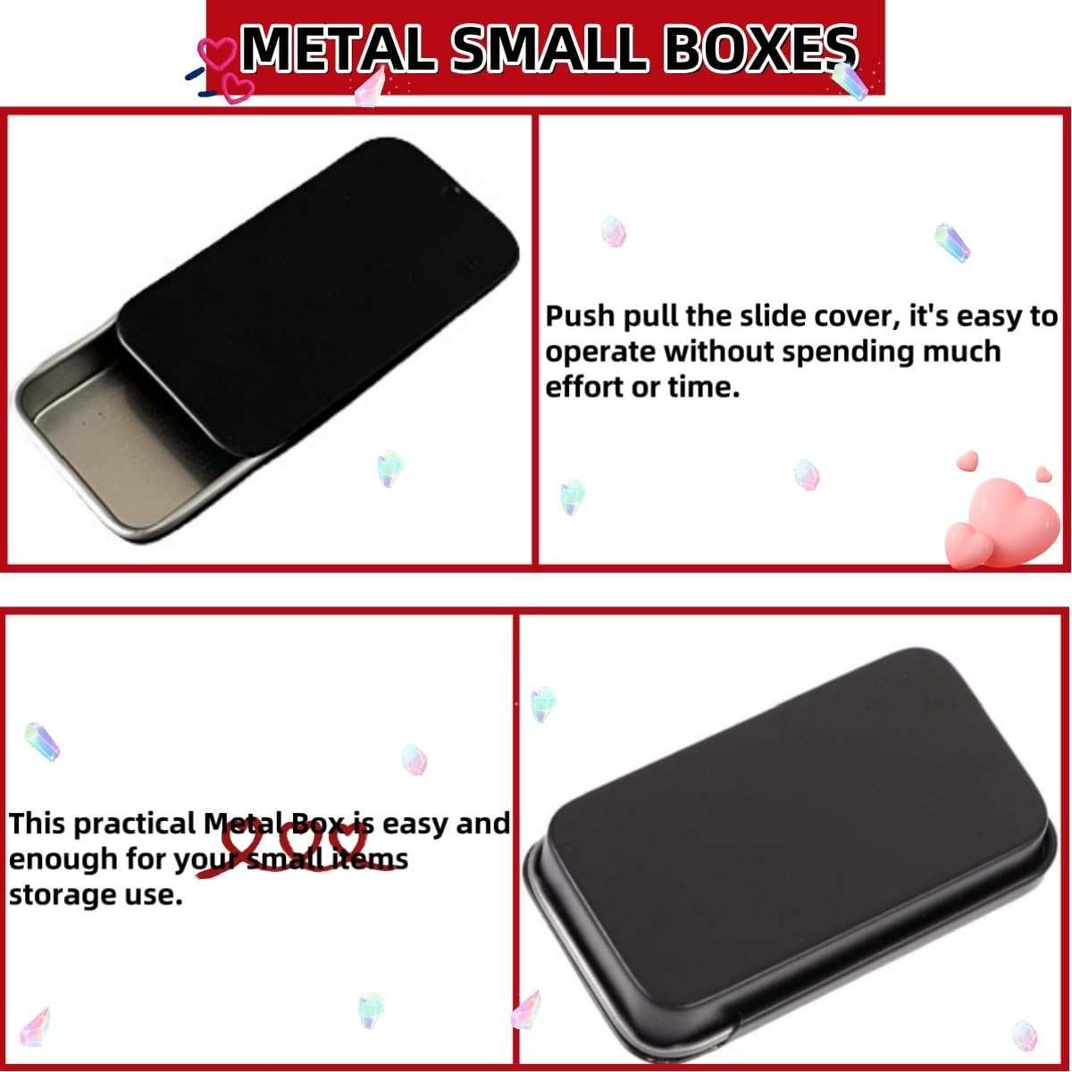 12 PCS Mini Portable Slide Top Small Tin Containers,Ywbfove Black Metal Tins Box Empty Storage Organizer Tins with Lids for Lip Balm Candies Candles(2.36In X 1.34In X 0.39In) image number 2