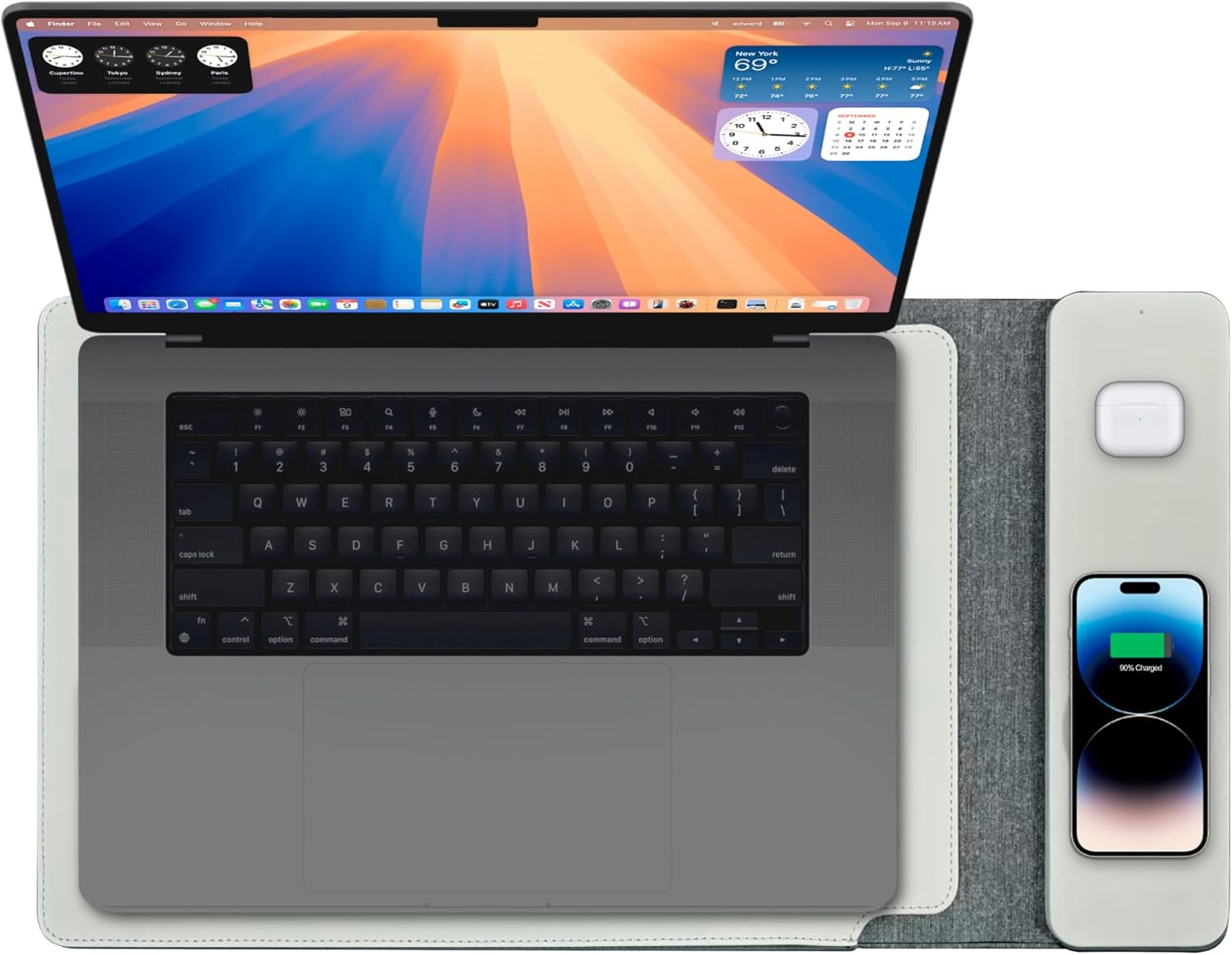 Laser 16" Wireless Charger Laptop Sleeve - Mouse Pad, PU Leather, Magsafe & Qi Compatible, 15W Fast Charge, Water Resistant, Travel Laptop Case - Fits Macbook, Chromebook, Kindle, Ipad Air/Pro (Black)