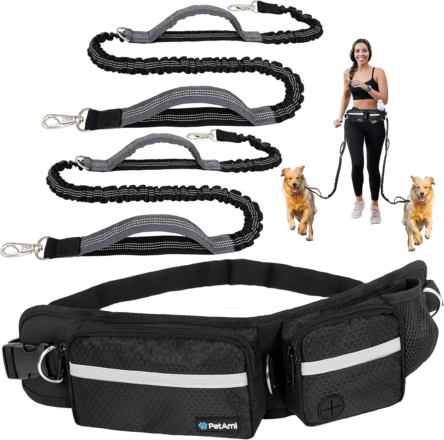 Petami Hands Free Dog Leash, Running Leash Belt Bag for Walking, Jogging, Waist Double Zipper Pouch with Poop Dispenser, Dual Padded Handles Reflective Bungee Double, Purple, 2 Leashes