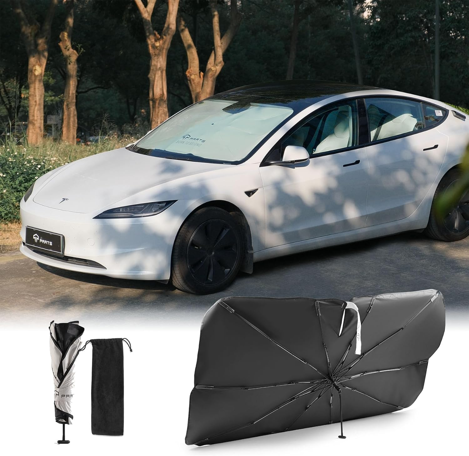 TPARTS Windshield Sunshade Umbrella for Tesla Model 3/Y/S/X, Foldable UV Ray Reflector with Fiberglass Ribs & 360&deg;Rotation Bendable Handle image number 1