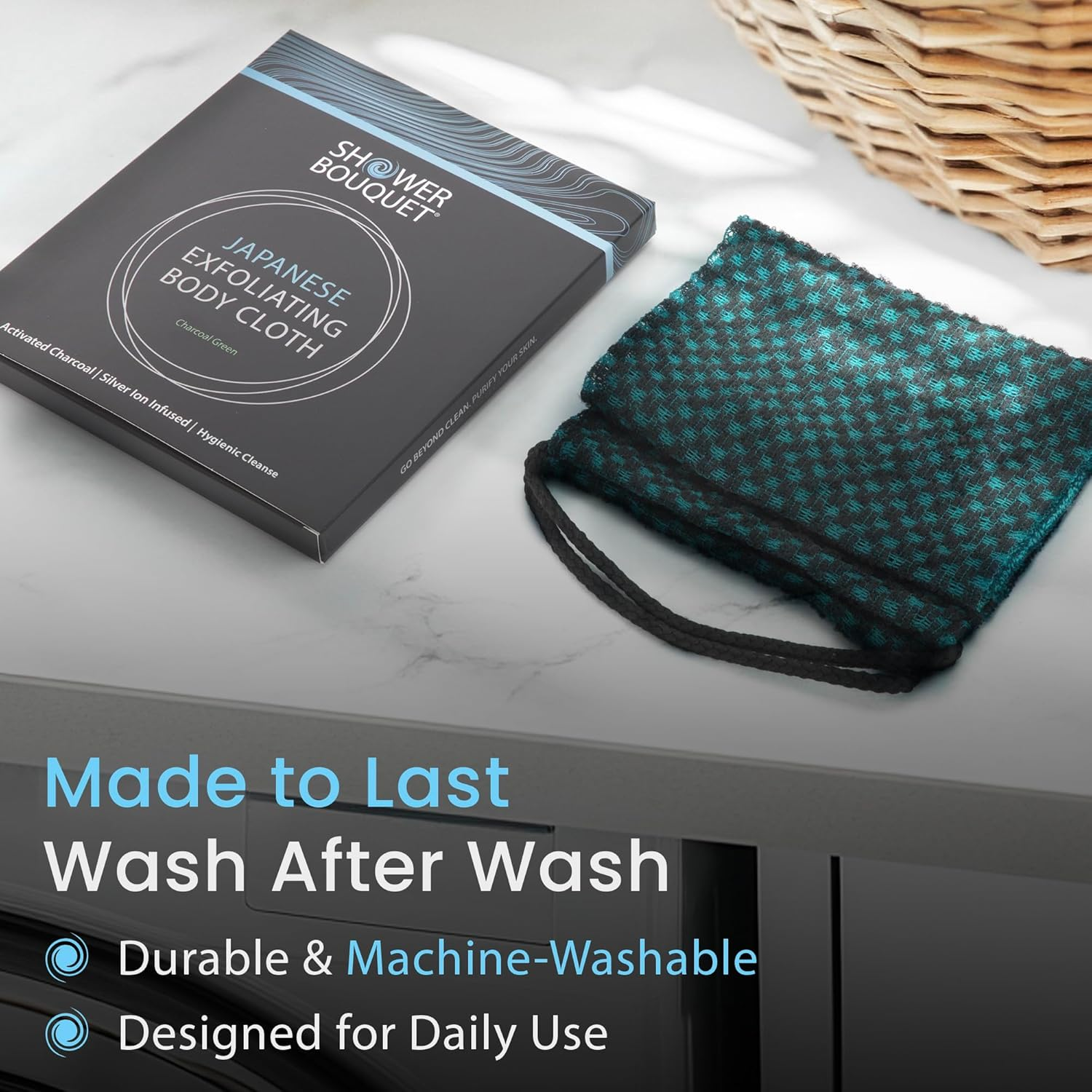 Japanese Exfoliating Washcloth Back & Body 2-Pack by Shower Bouquet: Silver Ions Prevent Bacteria, Activated Charcoal Removes Impurities; 1 Charcoal Blue, 1 Charcoal Green Exfoliating Towel, Soft Mild