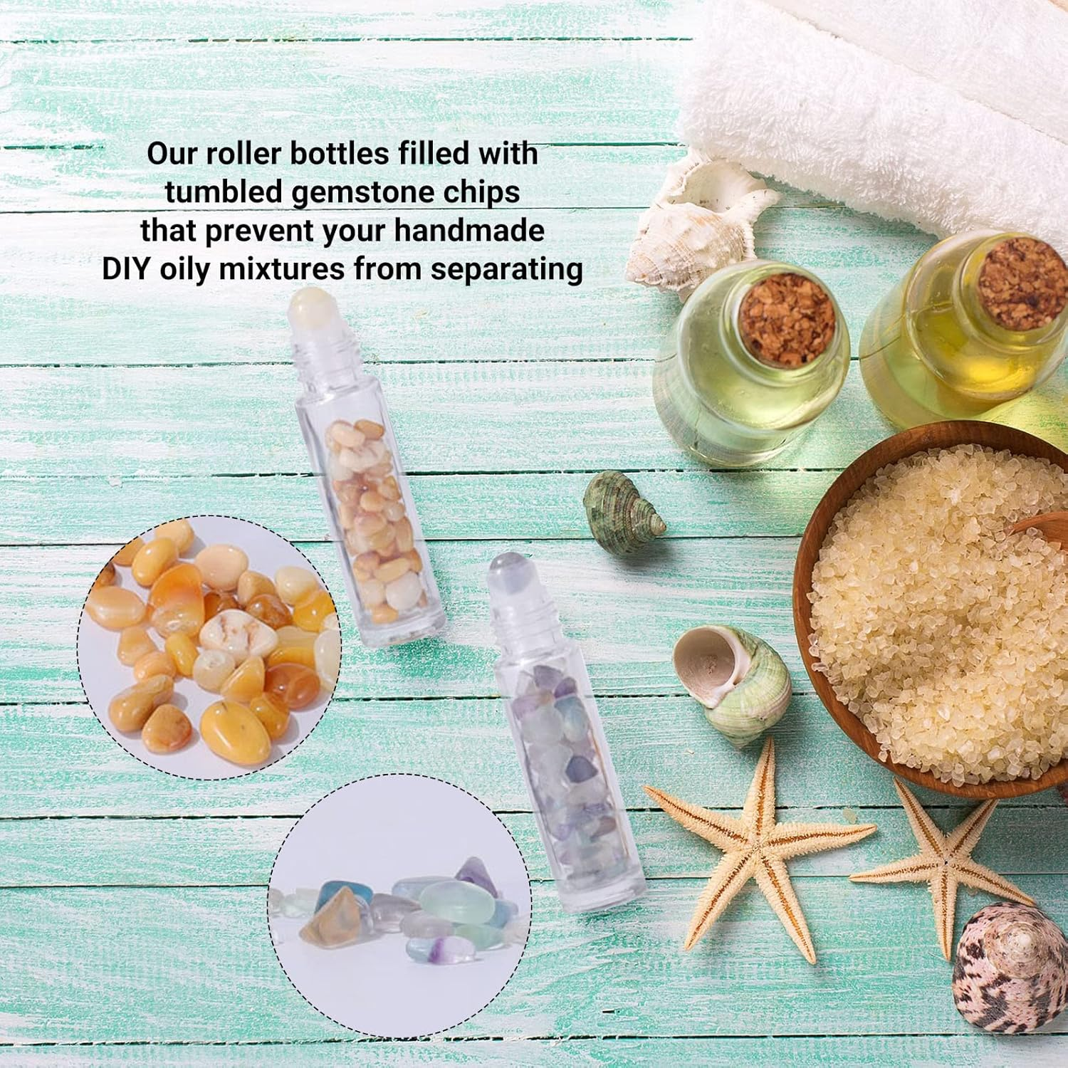10Pcs Clear Essential Oil Bottles, 10Ml Natural Gemstones Essential Oil Bottles, Roller Ball Perfume Bottle with Crystal Stone Roller Balls and Healing Crystal Chips Inside - 009 image number 4
