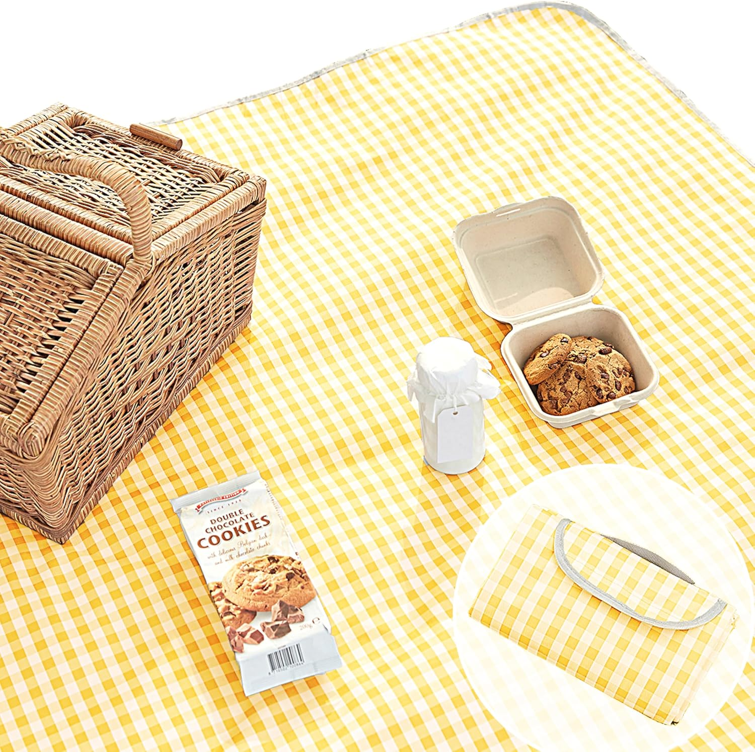 ESLA Picnic Blanket, Waterproof Foldable, in Large 80X60In and Extra Large 80X80In, Cute Gingham Picnic Blanket, Portable Compact Beach Blanket, Oversized XL Outdoor Mat Yellow