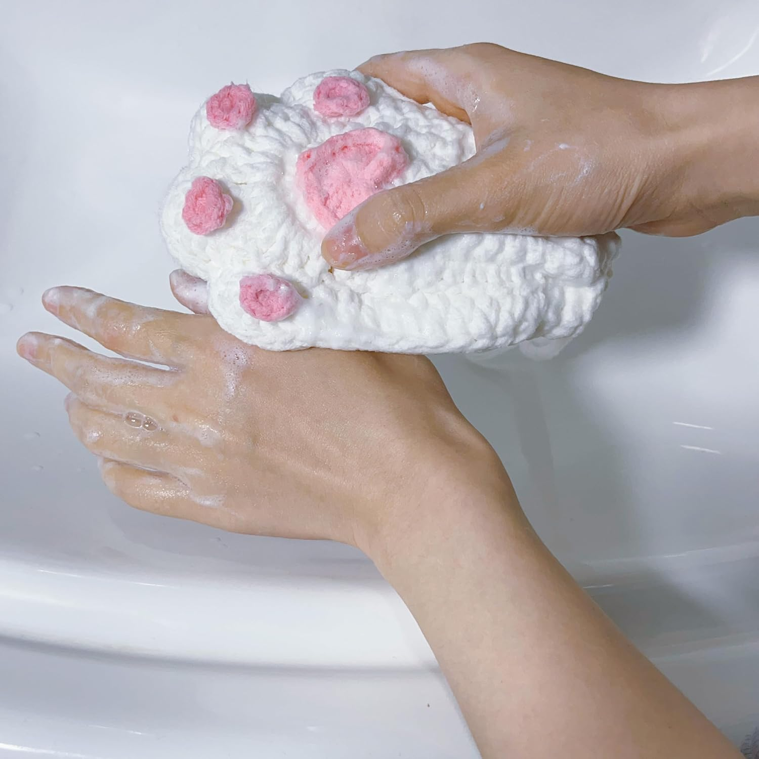 Handmade Crocheted Cat Claw Paw Soap Bags, Natural Cotton Soap Savers for Bar Soap, Foaming and Drying the Soap (Brown) (White and Pink Paw) image number 3