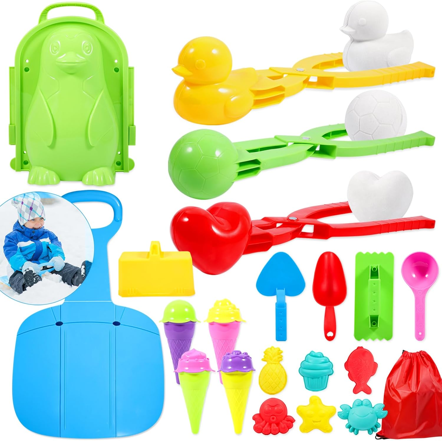 JOLLYFUN 25Pcs Snowball Makers Kit for Kids, Winter Snow Toys with Duck & Penguin Molds, Foldable Sled, Snow Brick Maker & Carry Bag, Outdoor Snow Sand Castle Building Toys for Toddlers & Children image number 1