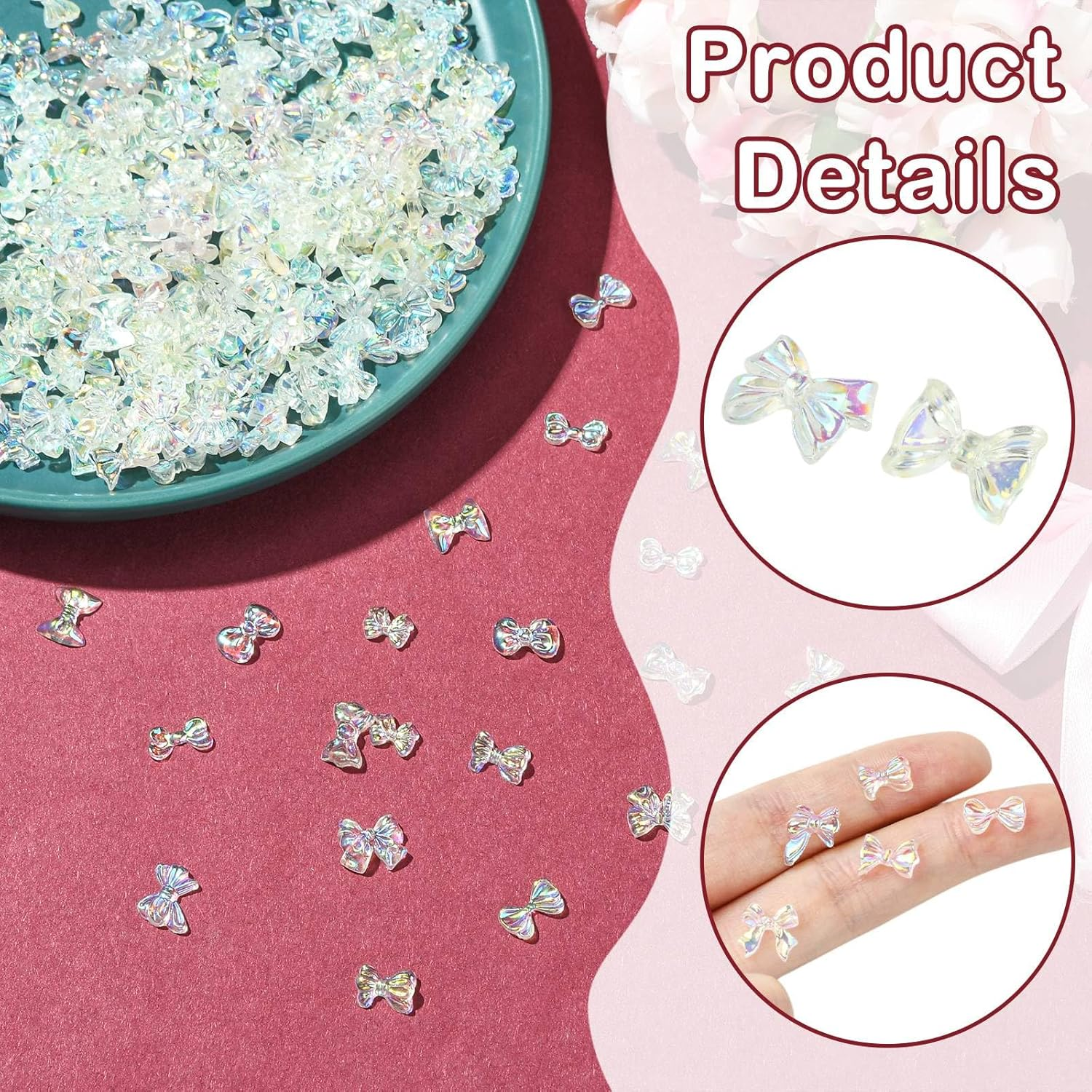 UR URLIFEHALL 200 Pieces Random 3D Bow Nail Charms Flat Back Transparent AB Bow Resin Cabochons for Nail Art DIY Phone Number Scrapbooking Crafts