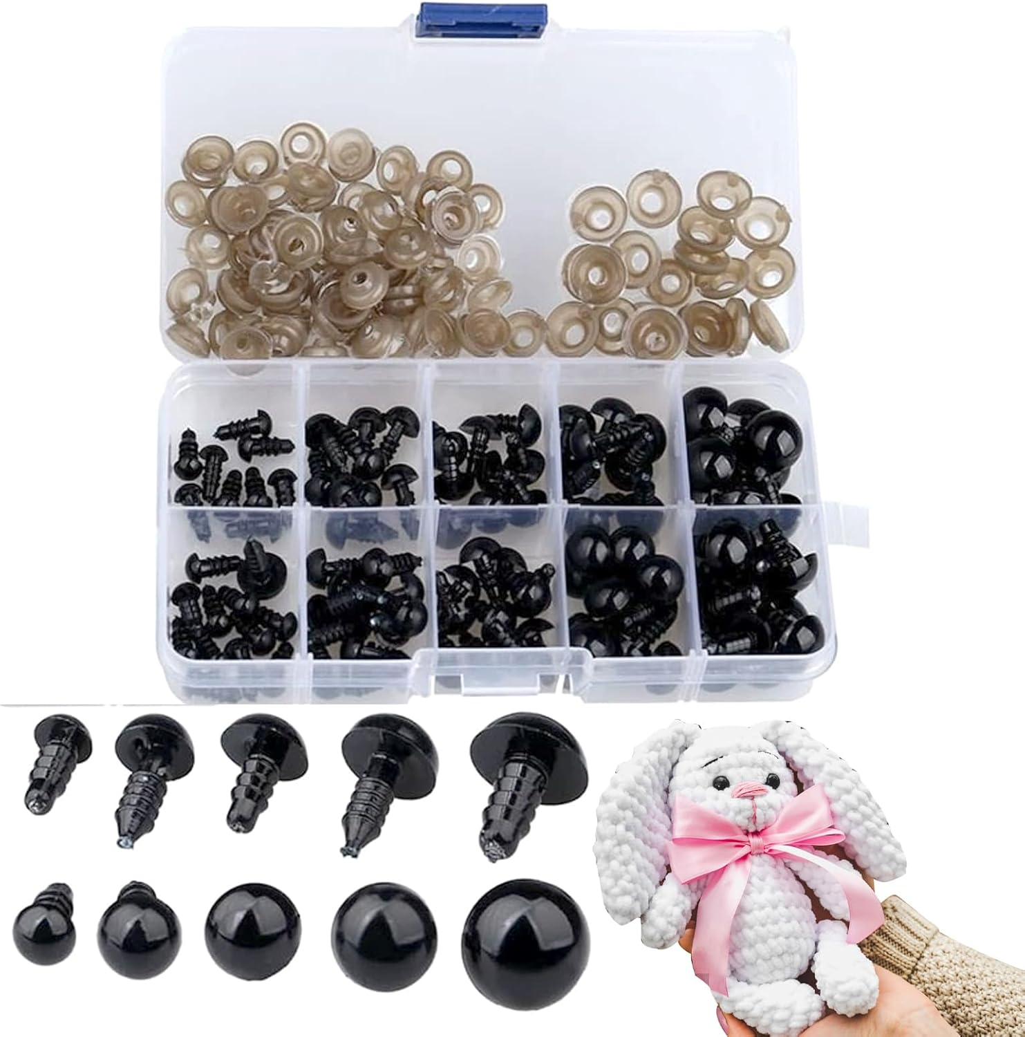 200PCS Plastic Safety Eyes with Washers, 12Mm Black Solid Doll Eyes for Teddy Bear, Amigurumi, Puppet Making, Stuffed Animals and Crafts, Child-Safe with Locking Backs image number 2
