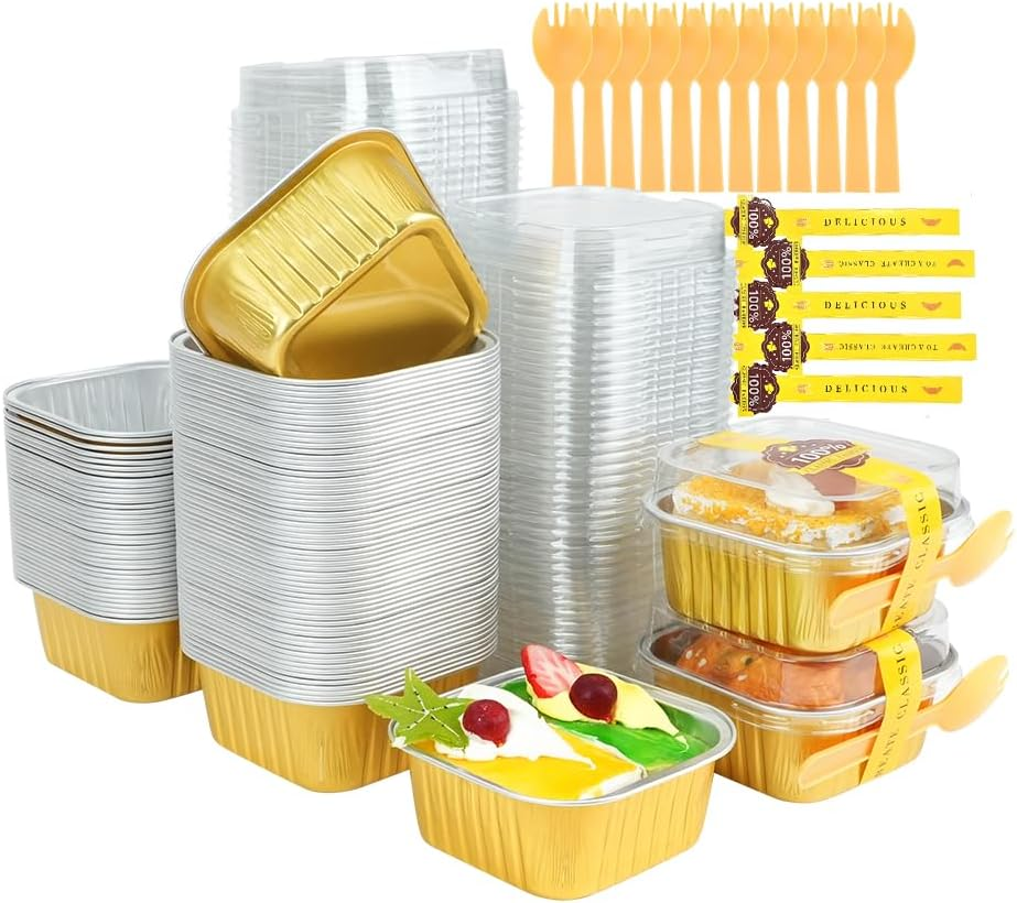 RETON 100 Pcs Mini Square Cake Pans with Lids and Sporks Stickers, 5Oz Aluminum Foil Ramekins Baking Cups, Individual Cupcake Containers for Brownies Dessert Party Wedding Birthday (Gold) image number 4