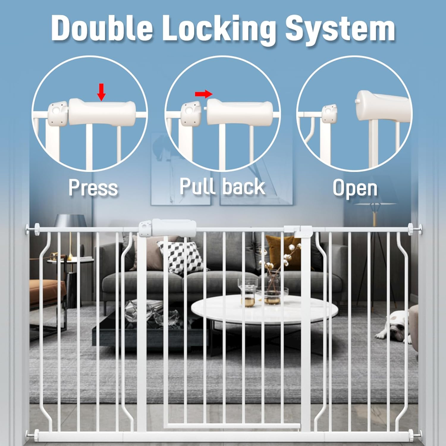 ALLAIBB Extra Wide Baby Gate for Stairs,Walk Thru Pressure Mount Auto Close White Metal Child Dog Pet Safety Doorways,Kitchen, Living Room (29.13-33.85"/74-86Cm) image number 5