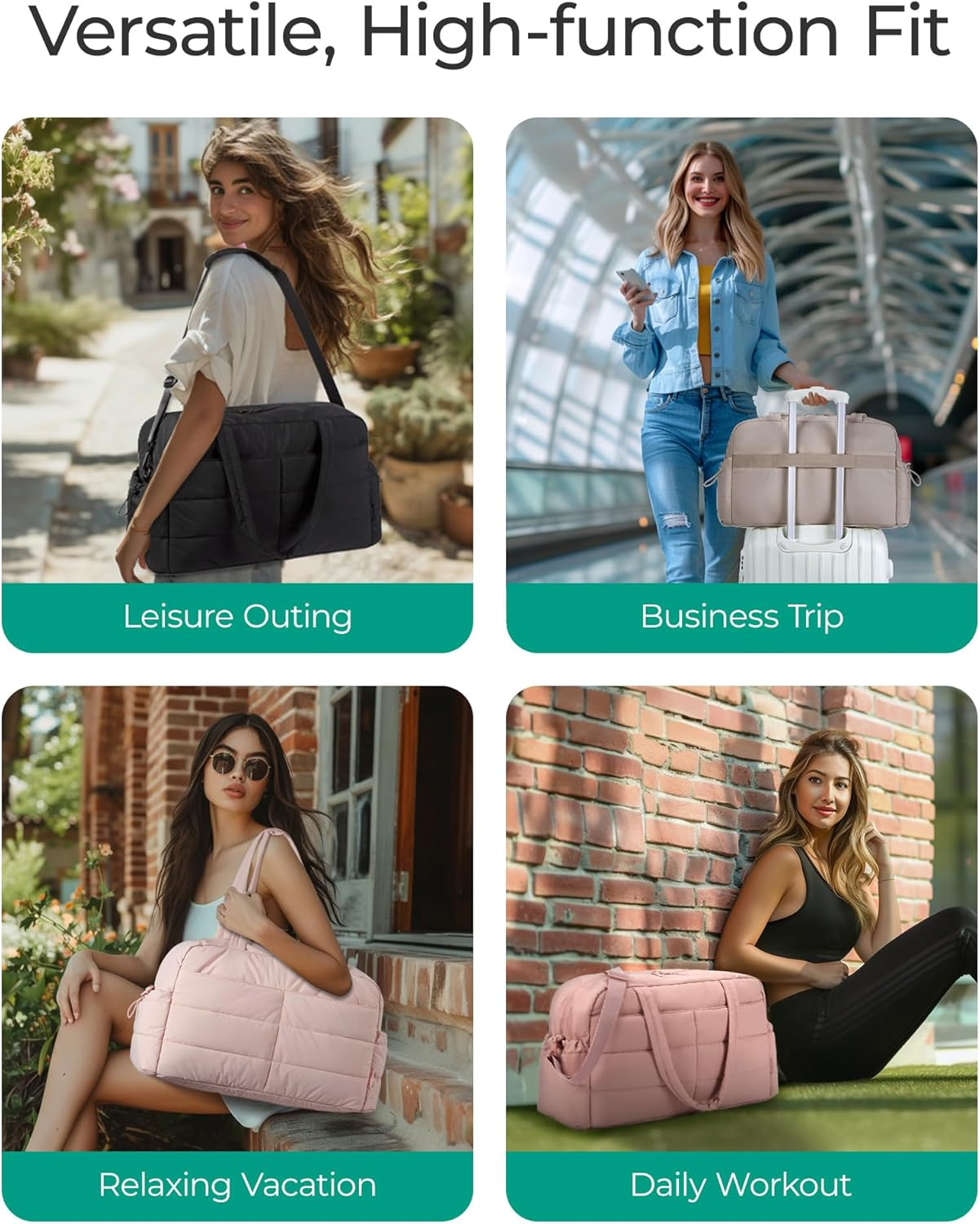 BAGSMART Gym Bag for Women with Toiletry Pouch, 31L Quilted Travel Duffle Carry on Bagwith Wet Pocket, Weekender Overnight Bag for Travel,Water Resistant, Pink image number 1